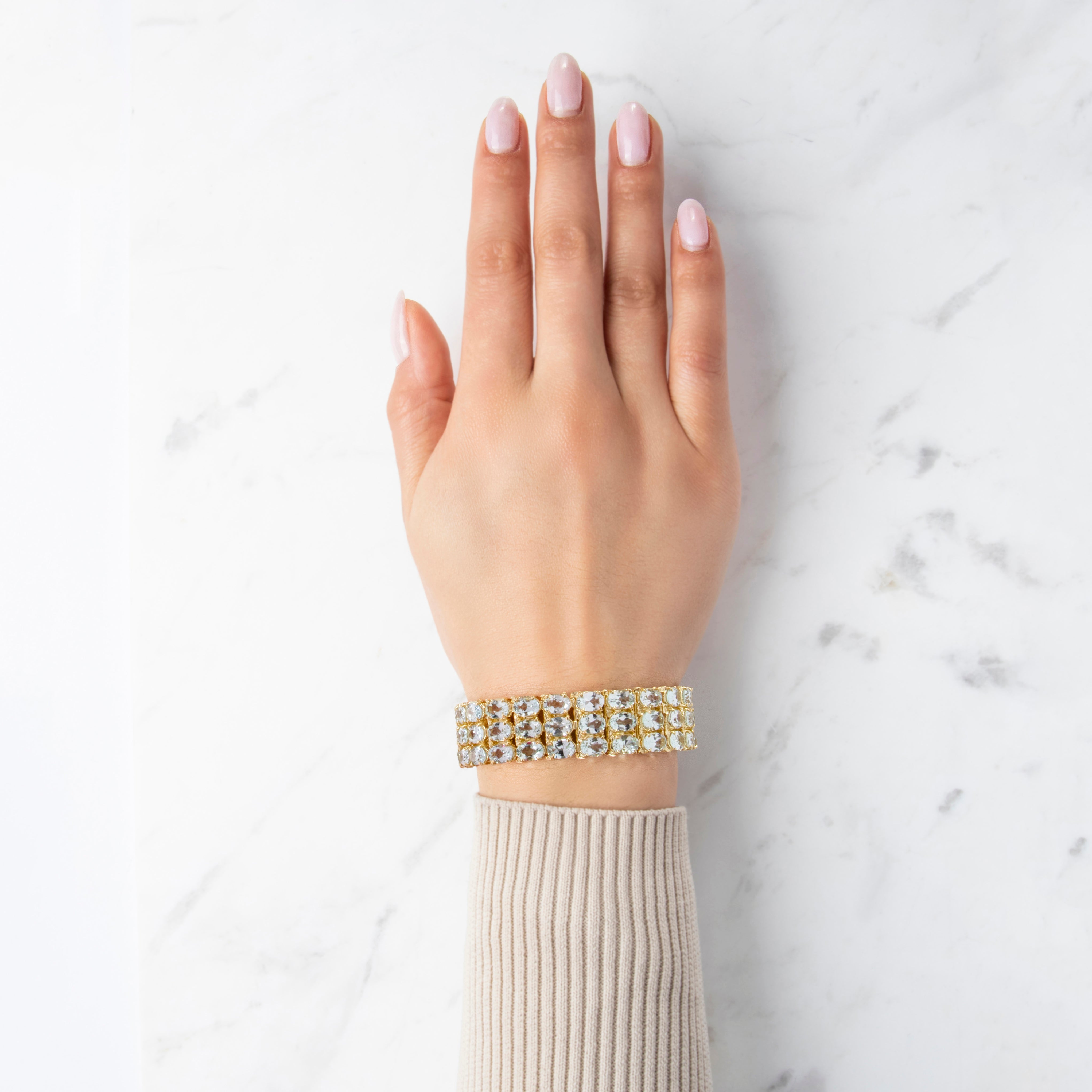 Vintage Heavy 14k Yellow Gold 46cttw Aquamarine Glamorous Statement Bracelet - On model view