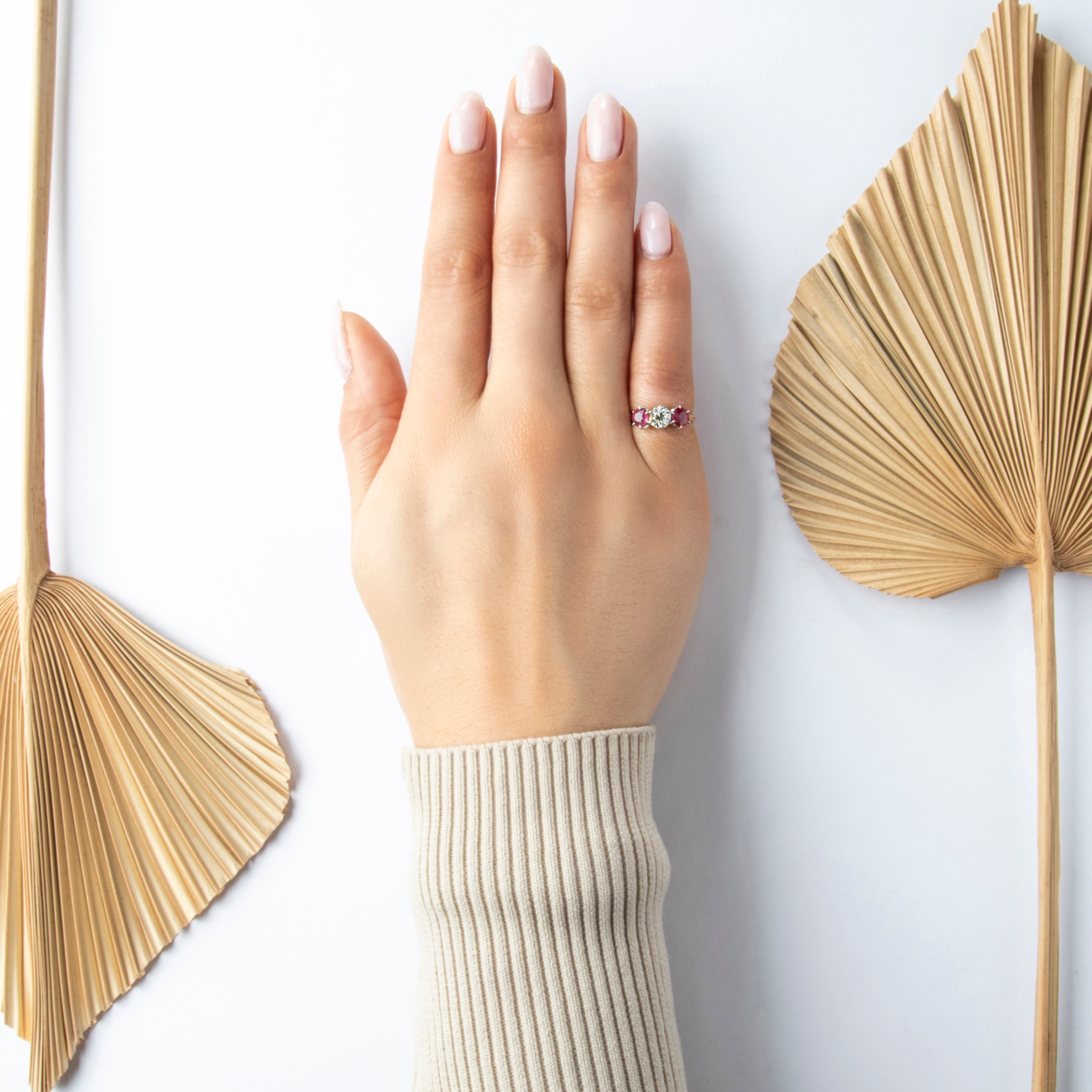 Antique 14k Rosy Yellow Gold Platinum 1.23cttw Ruby .62ct Old Mine Diamond Trio Ring - On model view