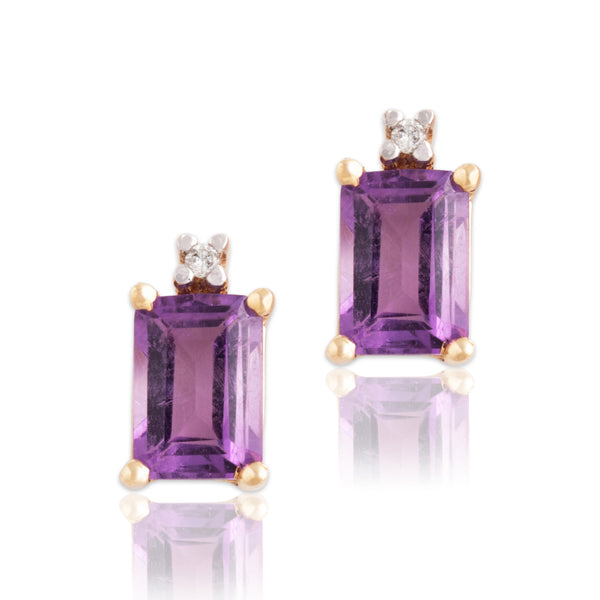 Vintage 14k Yellow Gold Amethyst Diamond Pretty Pale Purple Duo Stud Earrings