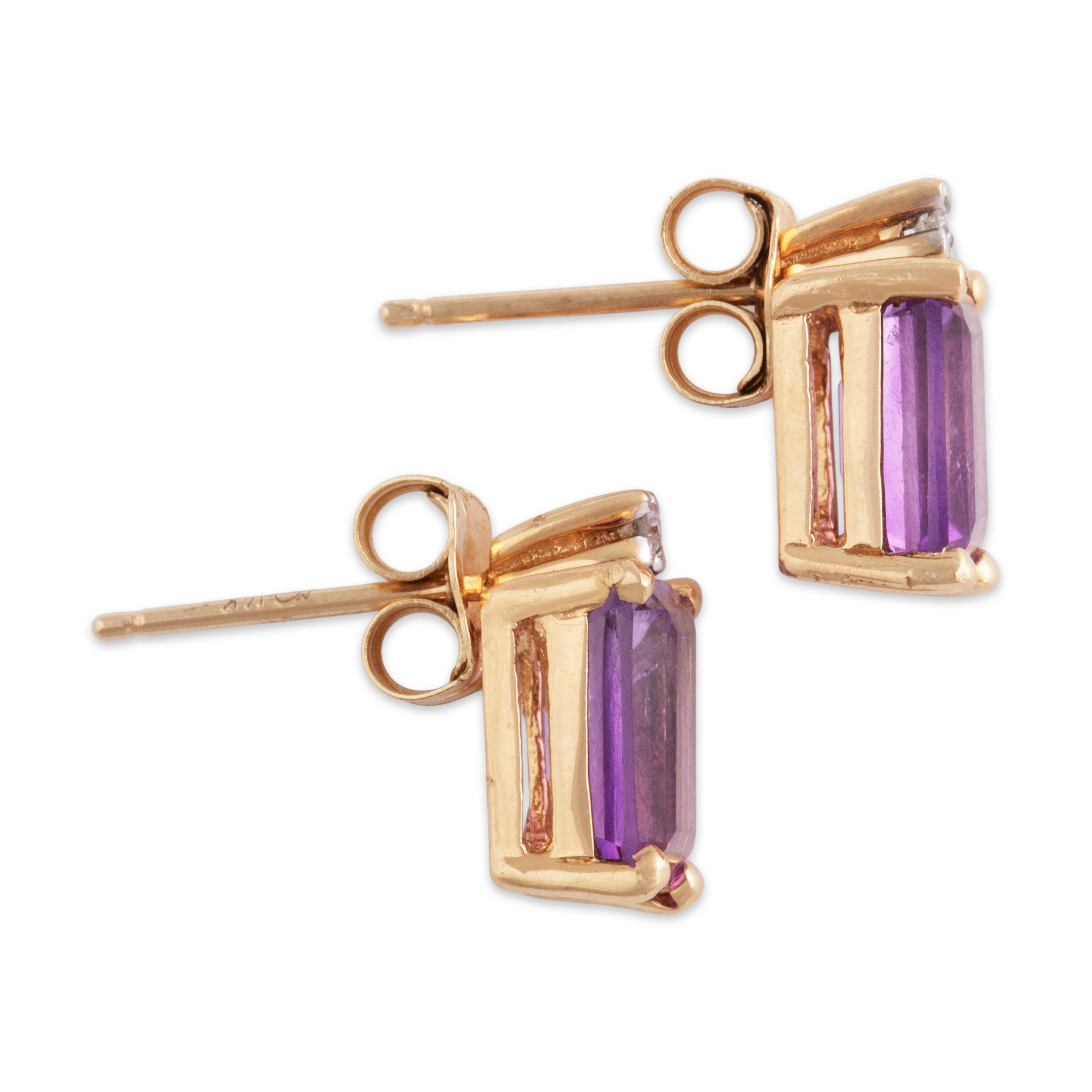Vintage 14k Yellow Gold Amethyst Diamond Pretty Pale Purple Duo Stud Earrings - Side view