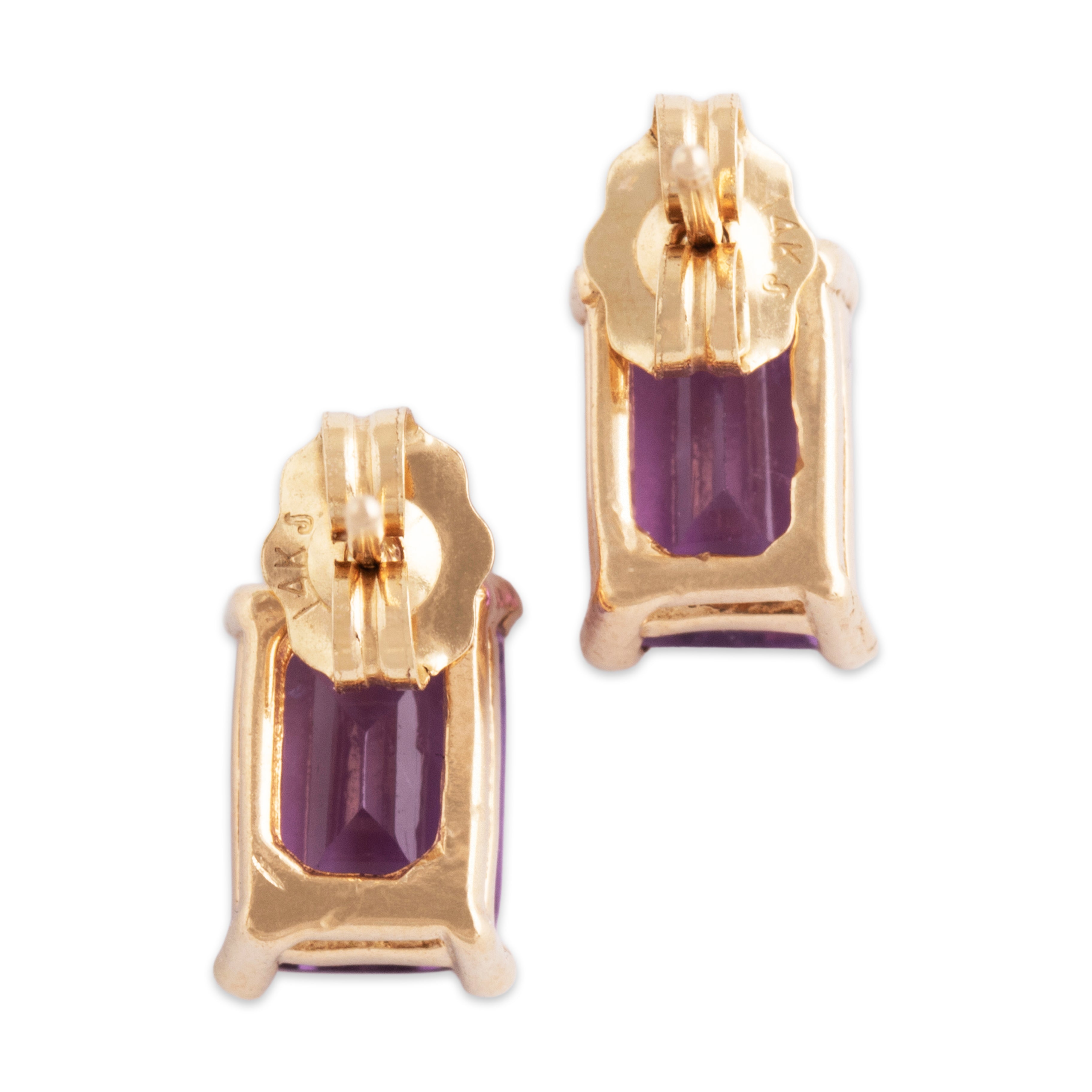 Vintage 14k Yellow Gold Amethyst Diamond Pretty Pale Purple Duo Stud Earrings - Back view