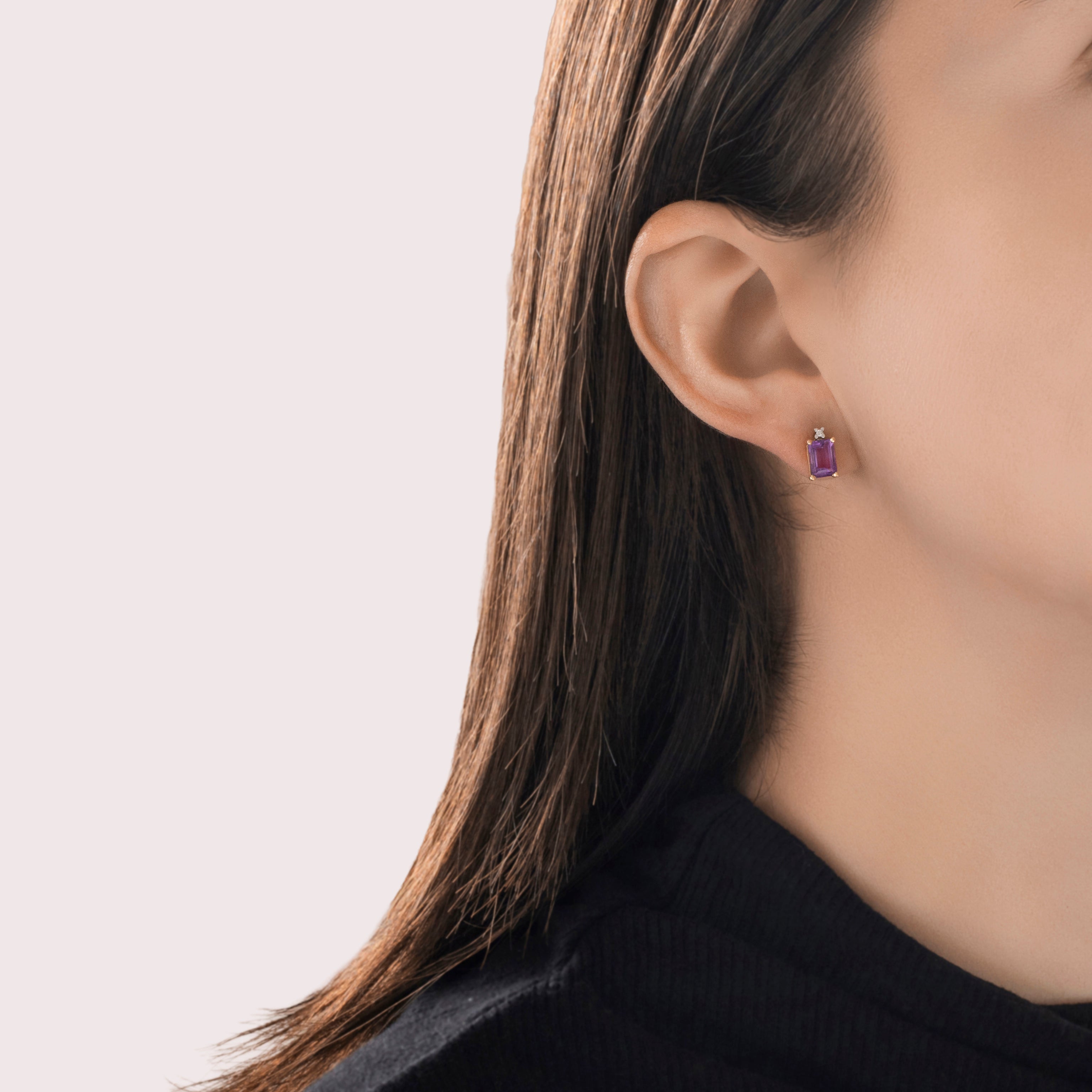 Vintage 14k Yellow Gold Amethyst Diamond Pretty Pale Purple Duo Stud Earrings - On model view