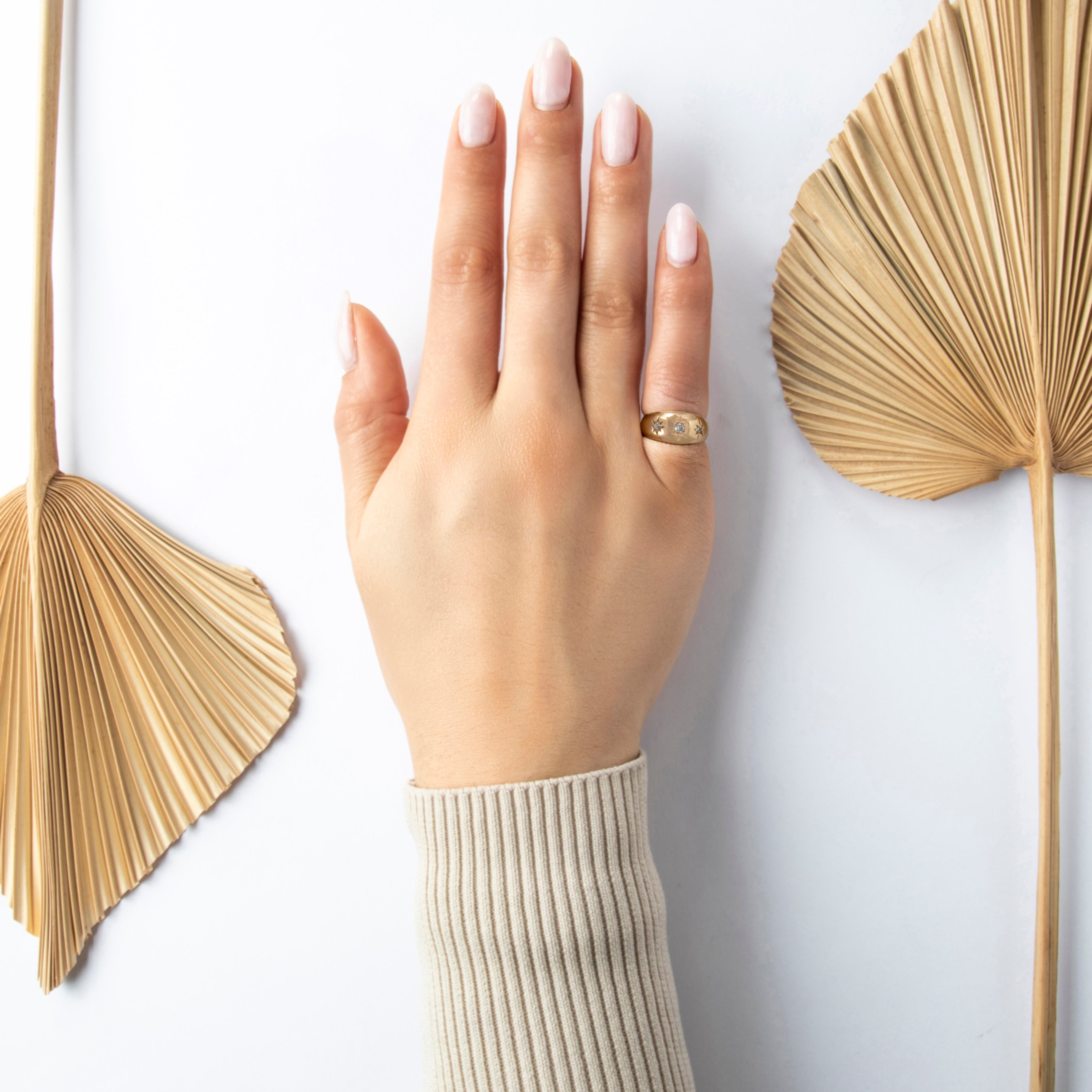 Antique English 18k Yellow Gold Diamond Sparkling Star-Set Dome Ring - On model view