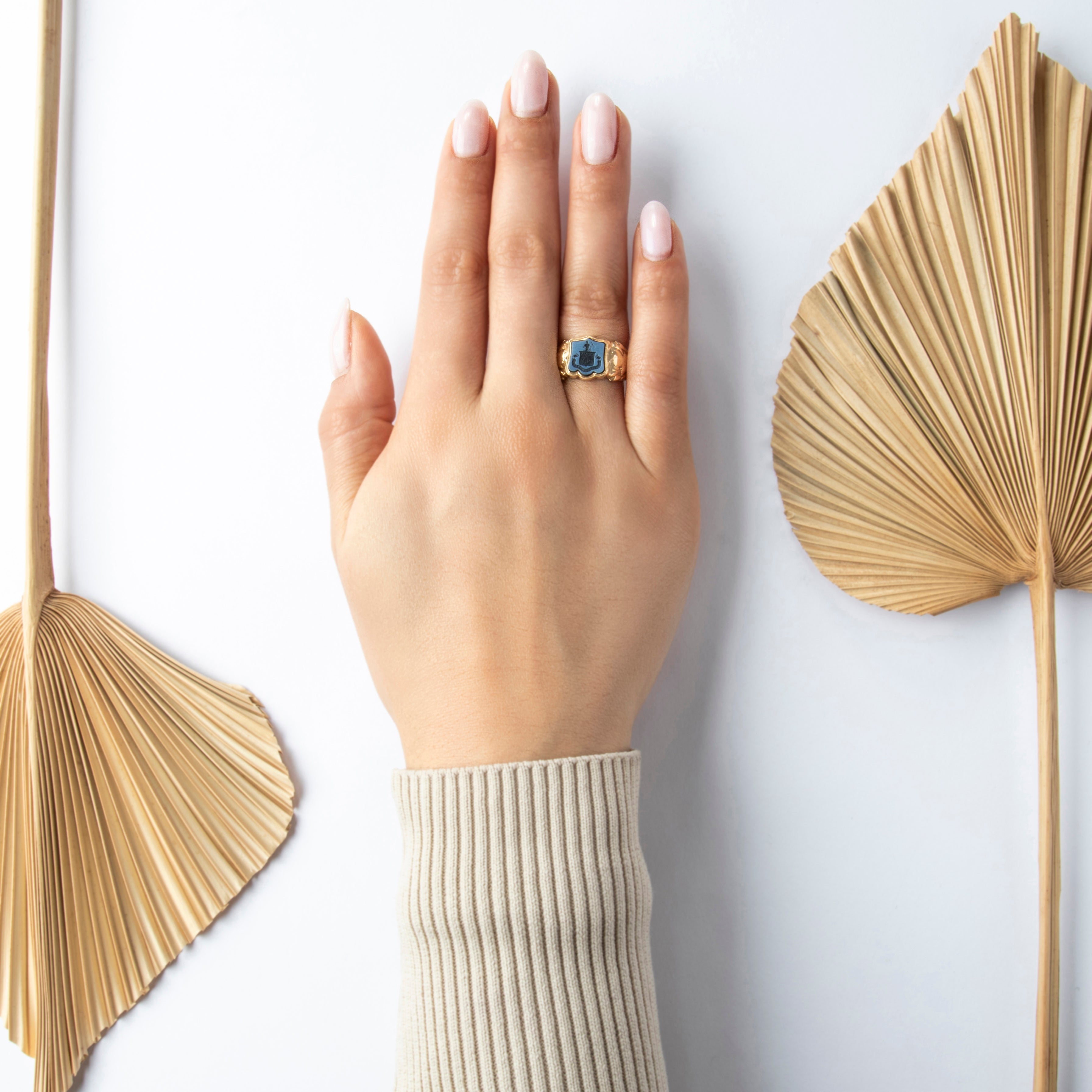 Vintage Heavy 14k Yellow Gold Banded Agate Incredible Intaglio Crest Ring - On model view