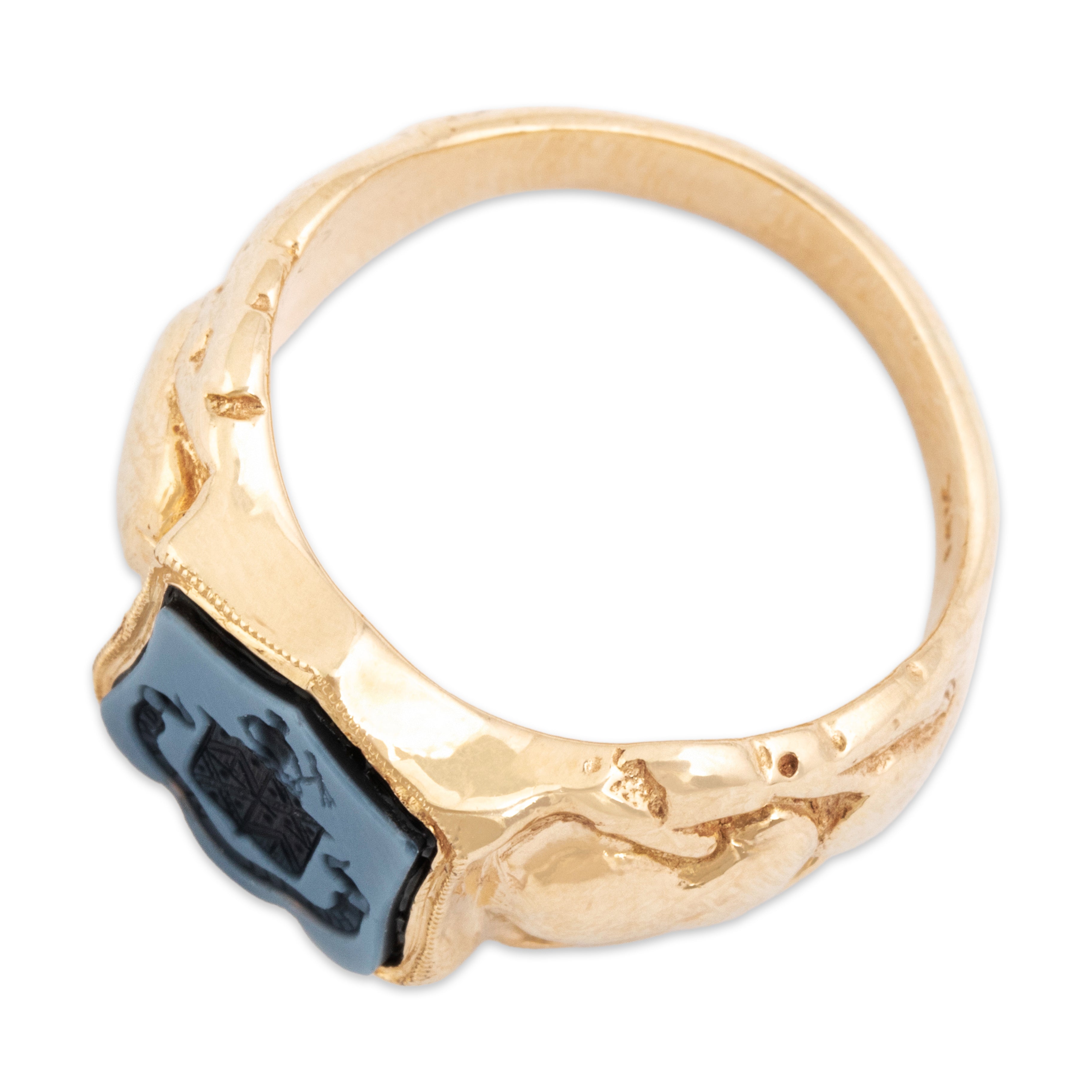 Vintage Heavy 14k Yellow Gold Banded Agate Incredible Intaglio Crest Ring - Overall view