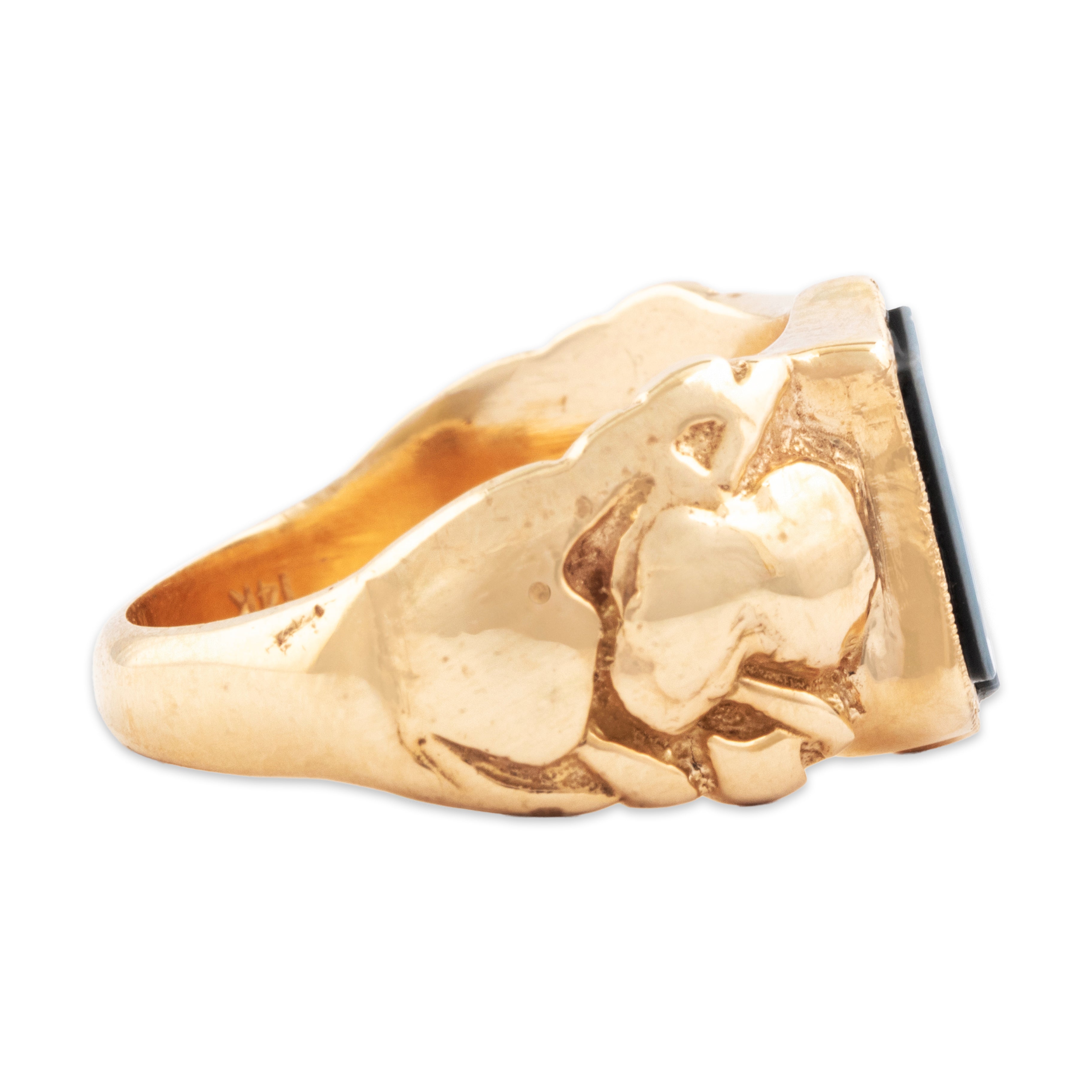 Vintage Heavy 14k Yellow Gold Banded Agate Incredible Intaglio Crest Ring - Side view