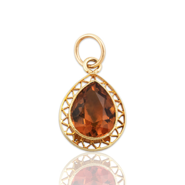 Antique 14k Yellow Gold 1.4ct Madeira Citrine Open Border Pear Charm / Pendant