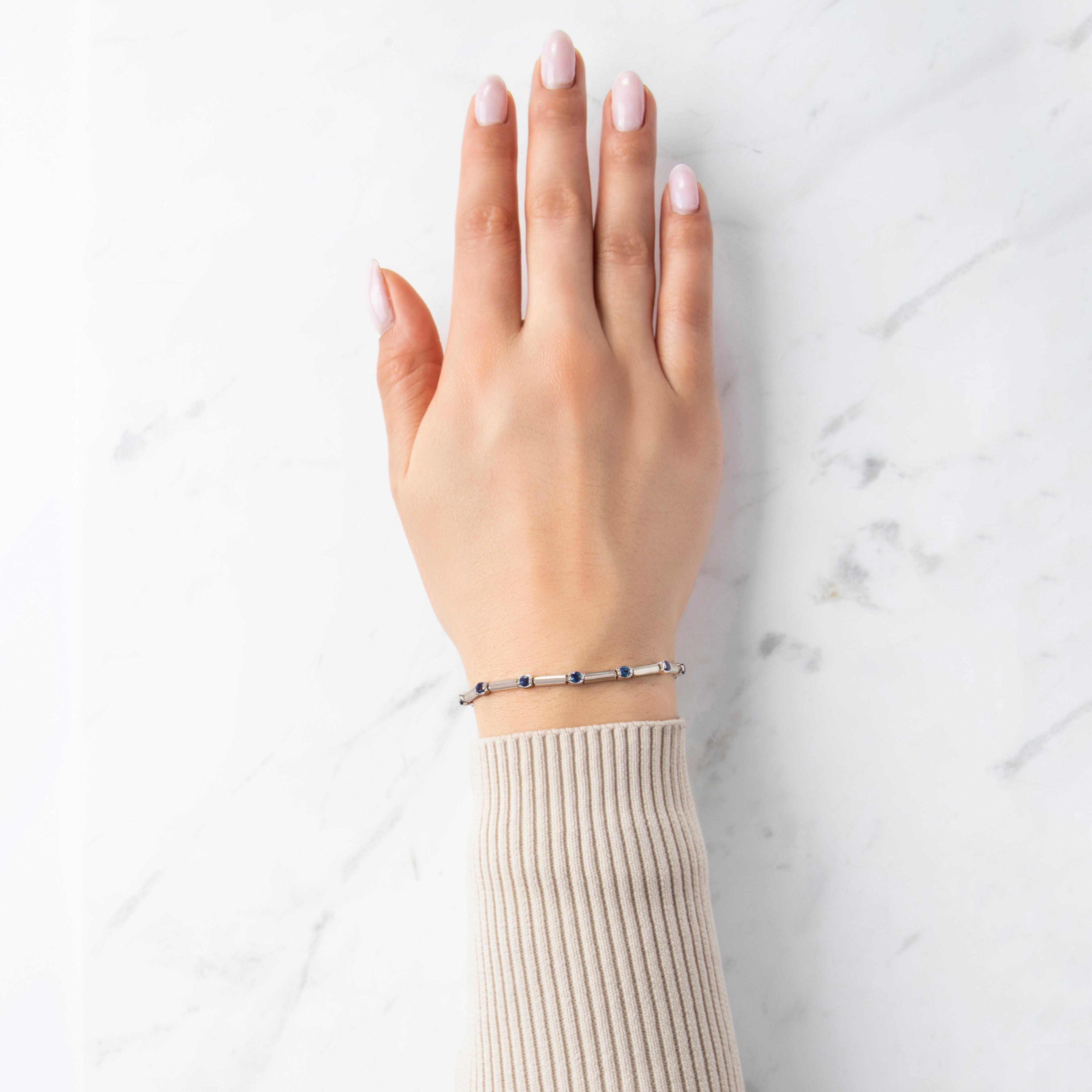 Vintage 14k White Gold 1.8cttw Blue Sapphire Sleek Station Bracelet - On model view