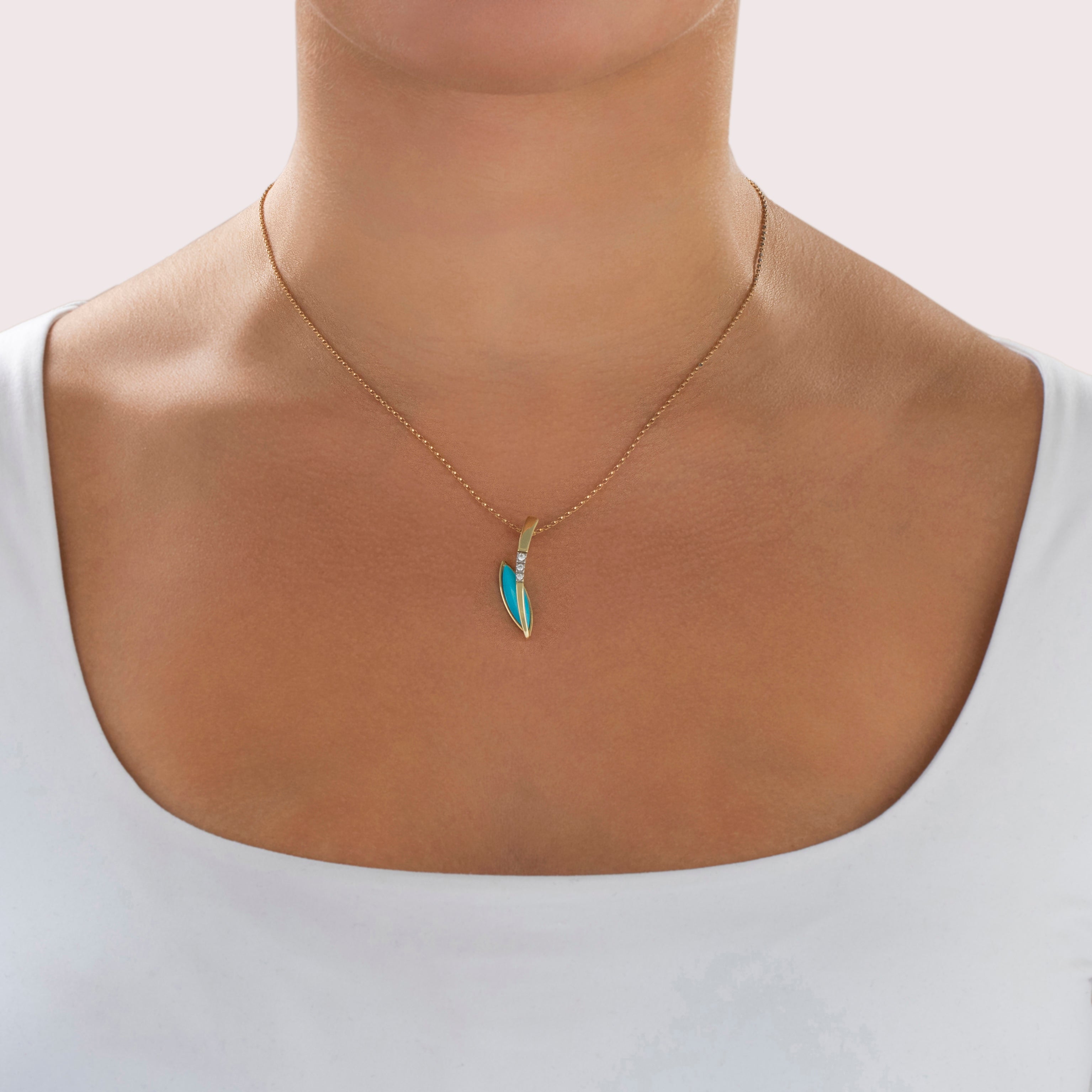 Vintage 14k Yellow Gold 3.3cttw Turquoise Diamond Sleek Crossover Navette Pendant - On model view