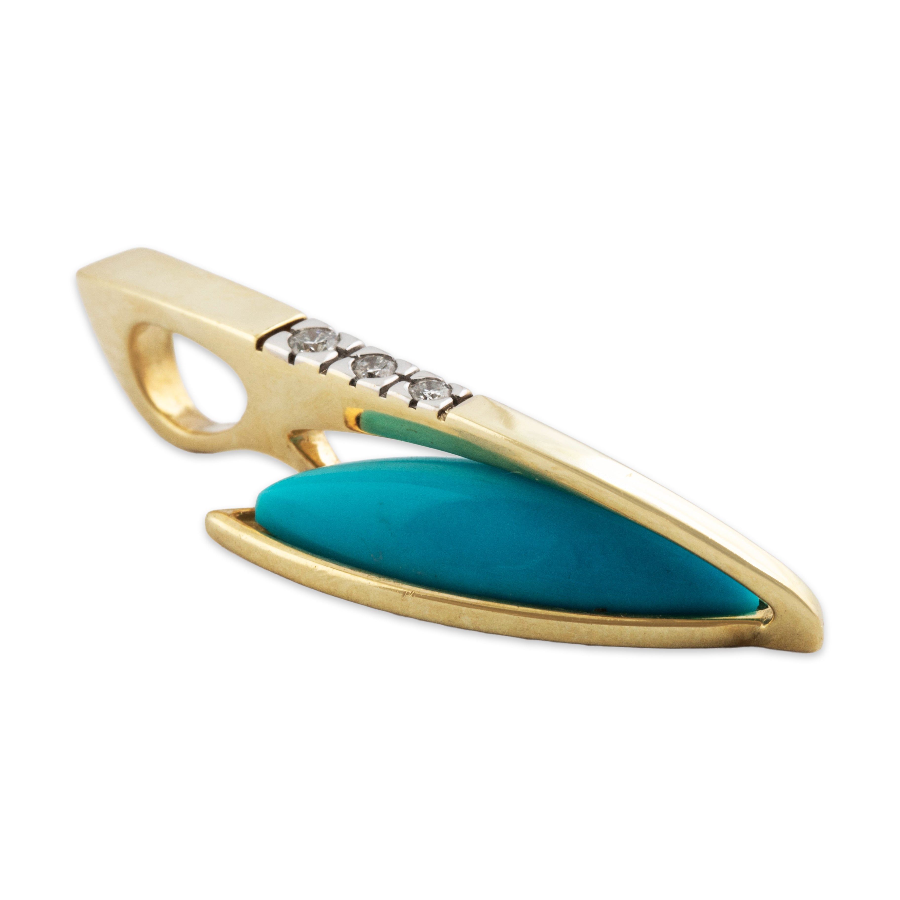 Vintage 14k Yellow Gold 3.3cttw Turquoise Diamond Sleek Crossover Navette Pendant - Side view