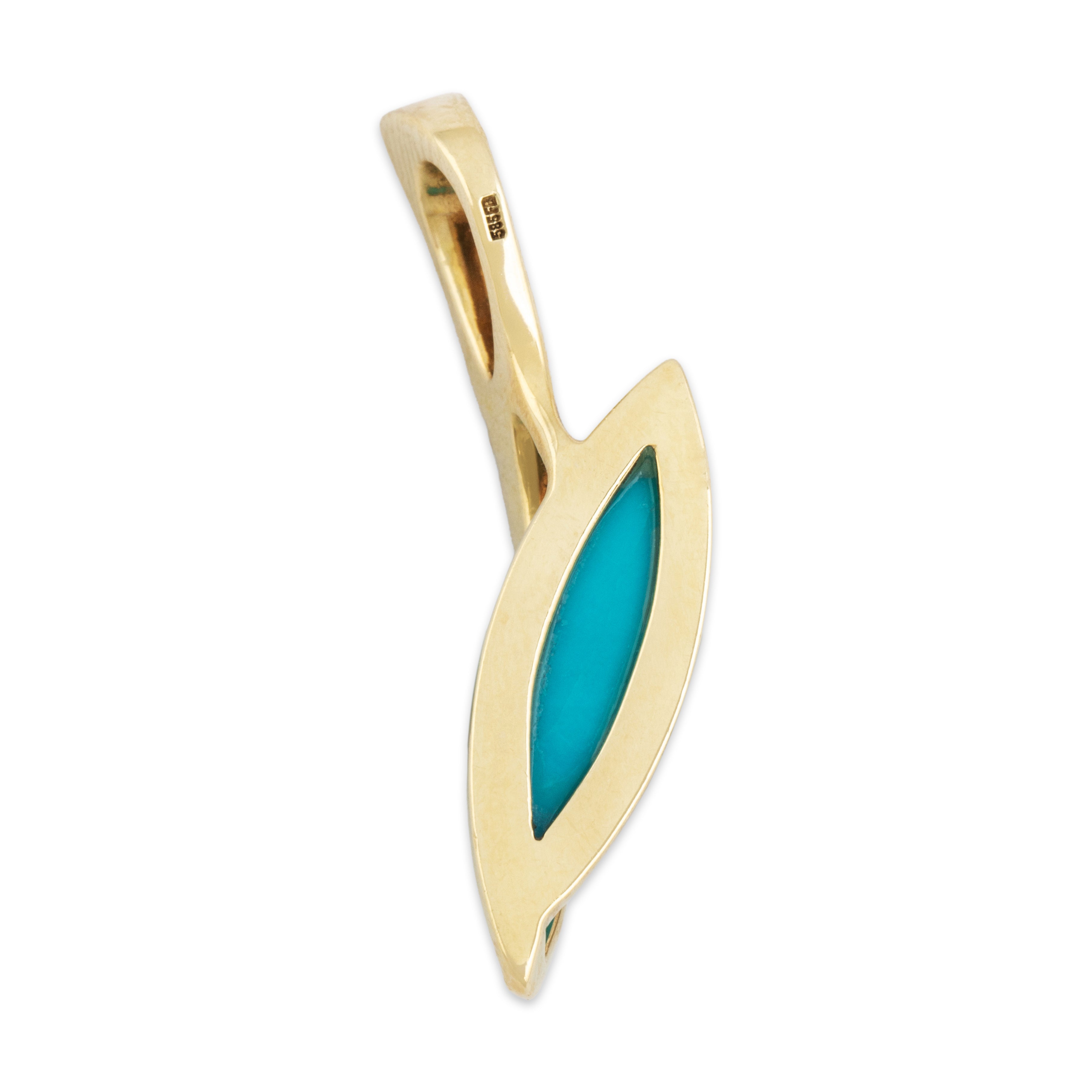 Vintage 14k Yellow Gold 3.3cttw Turquoise Diamond Sleek Crossover Navette Pendant - Back view