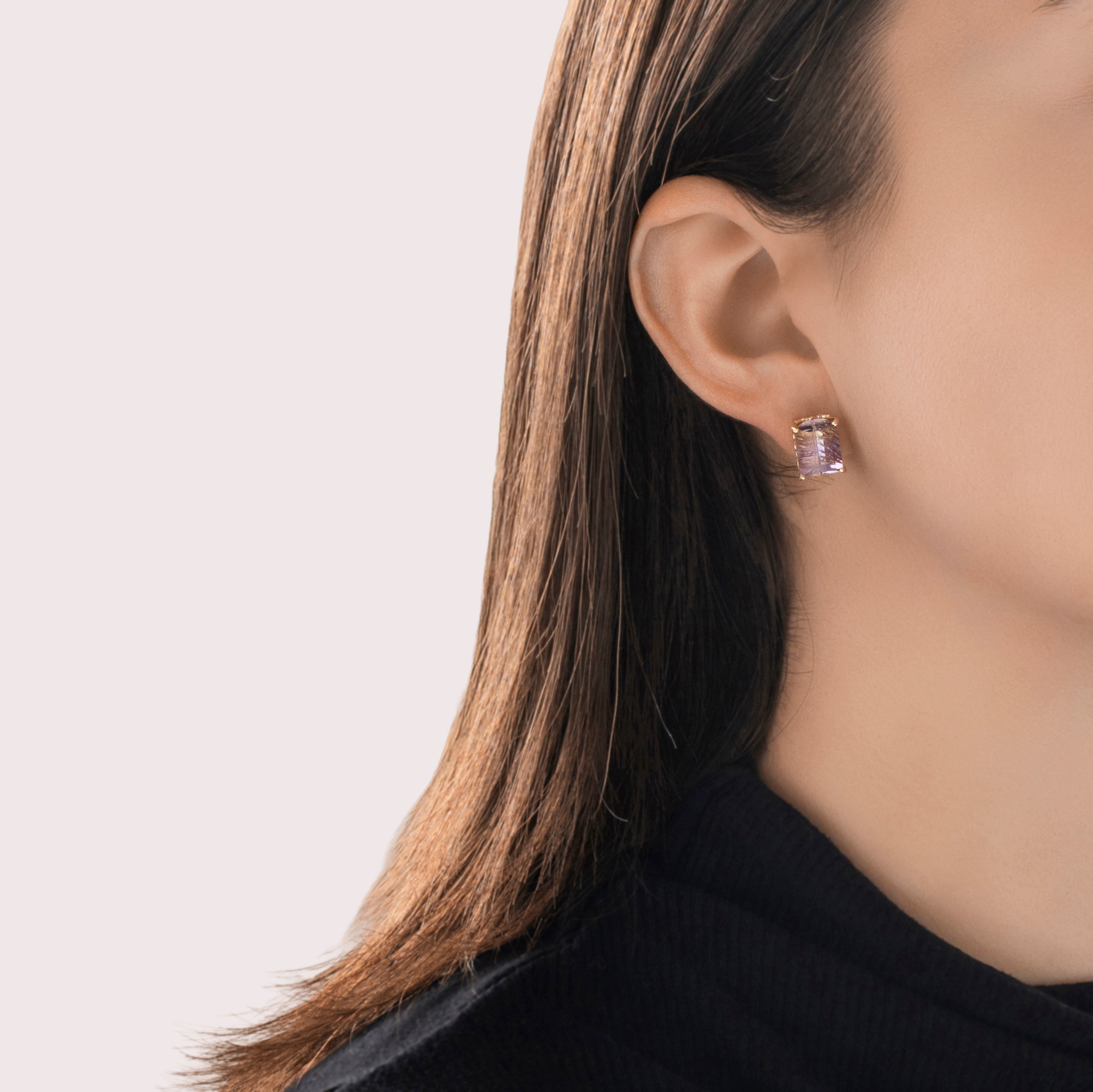 Vintage 14k Yellow Gold 6.7cttw Ametrine Dynamic Rectangle Stud Earrings - On model view