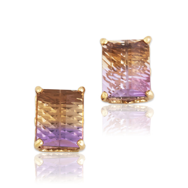 Vintage 14k Yellow Gold 6.7cttw Ametrine Fancy-Cut Rectangle Stud Earrings