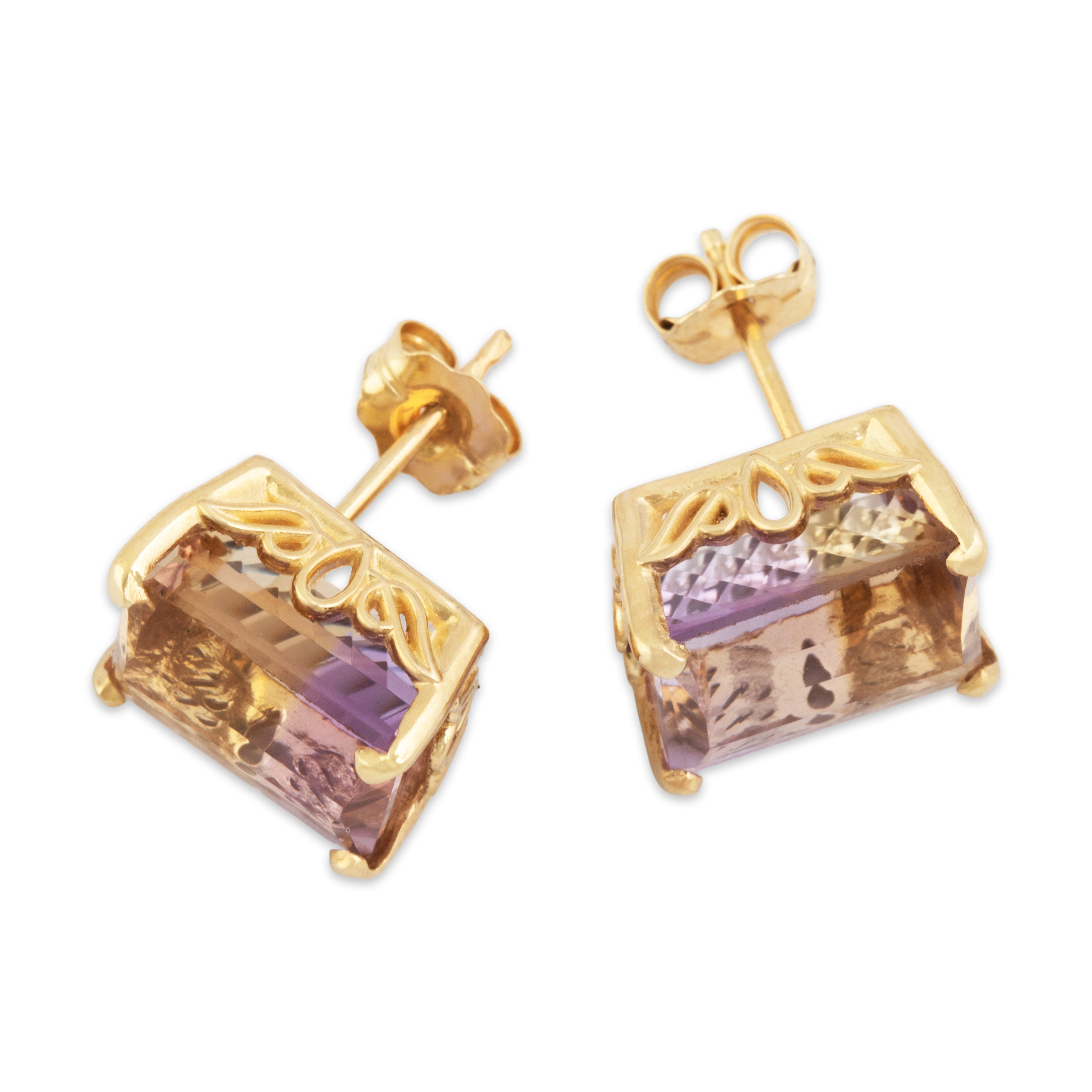 Vintage 14k Yellow Gold 6.7cttw Ametrine Dynamic Rectangle Stud Earrings - Overall view