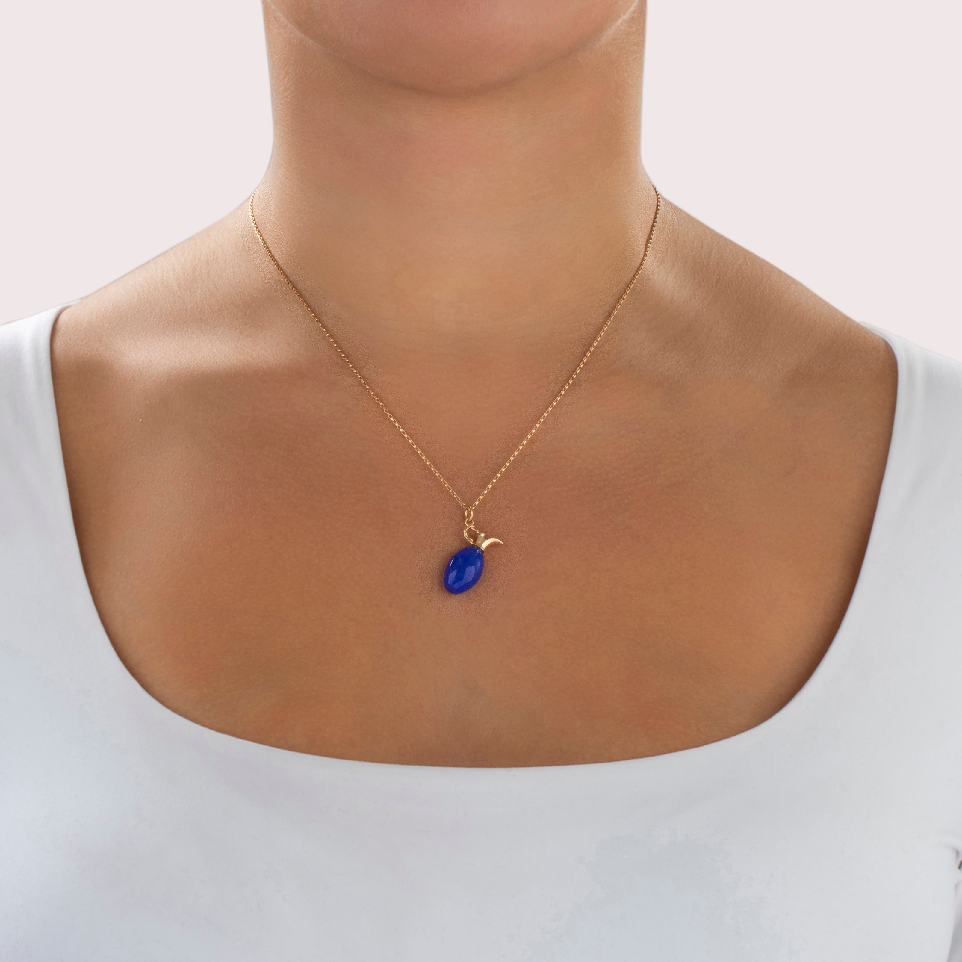 Vintage 14k Yellow Gold 9.5ct Blue Chalcedony Water Jug Charm / Pendant - On model view