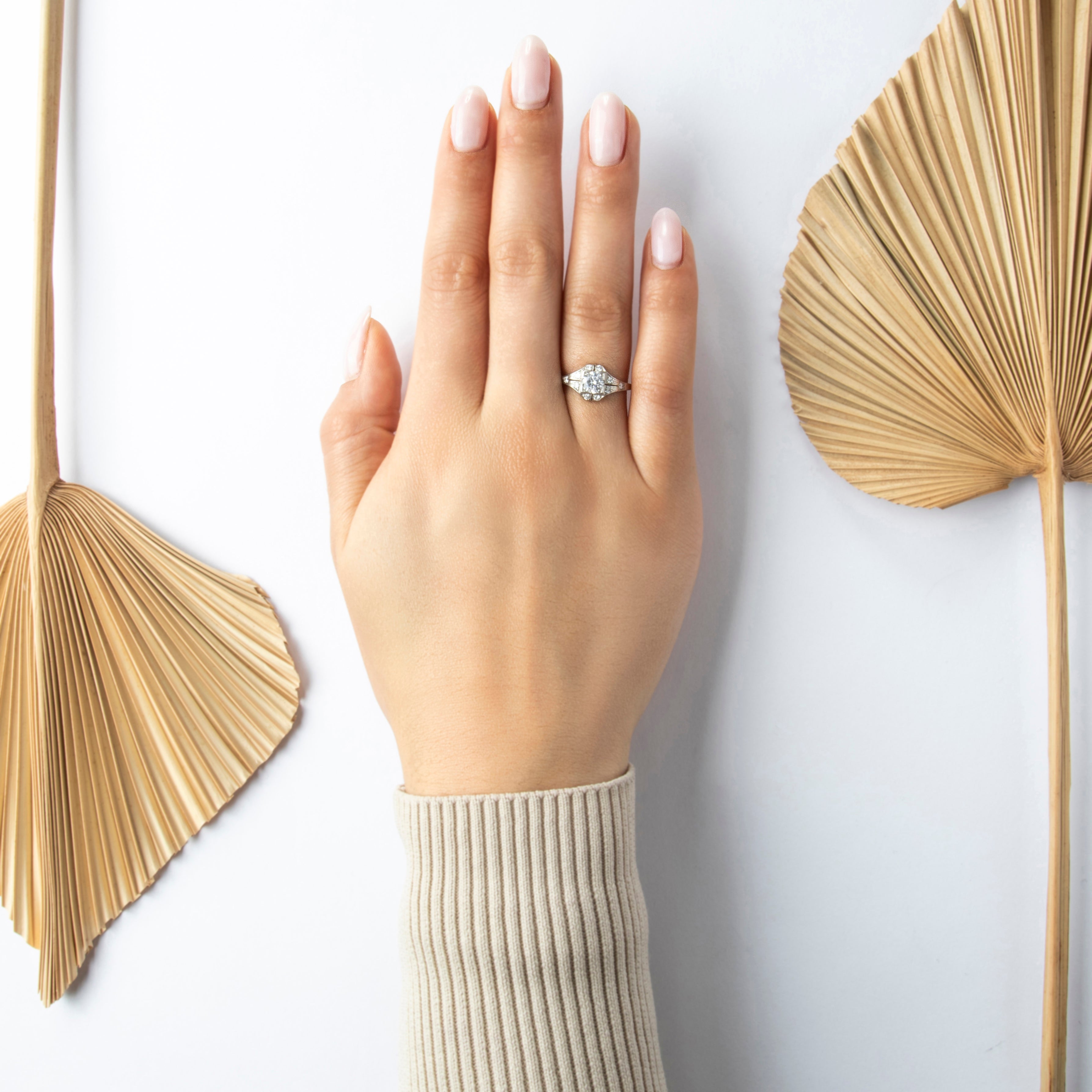 Vintage Platinum .78cttw Old European Diamond Beautiful Geometric Ring - On model view