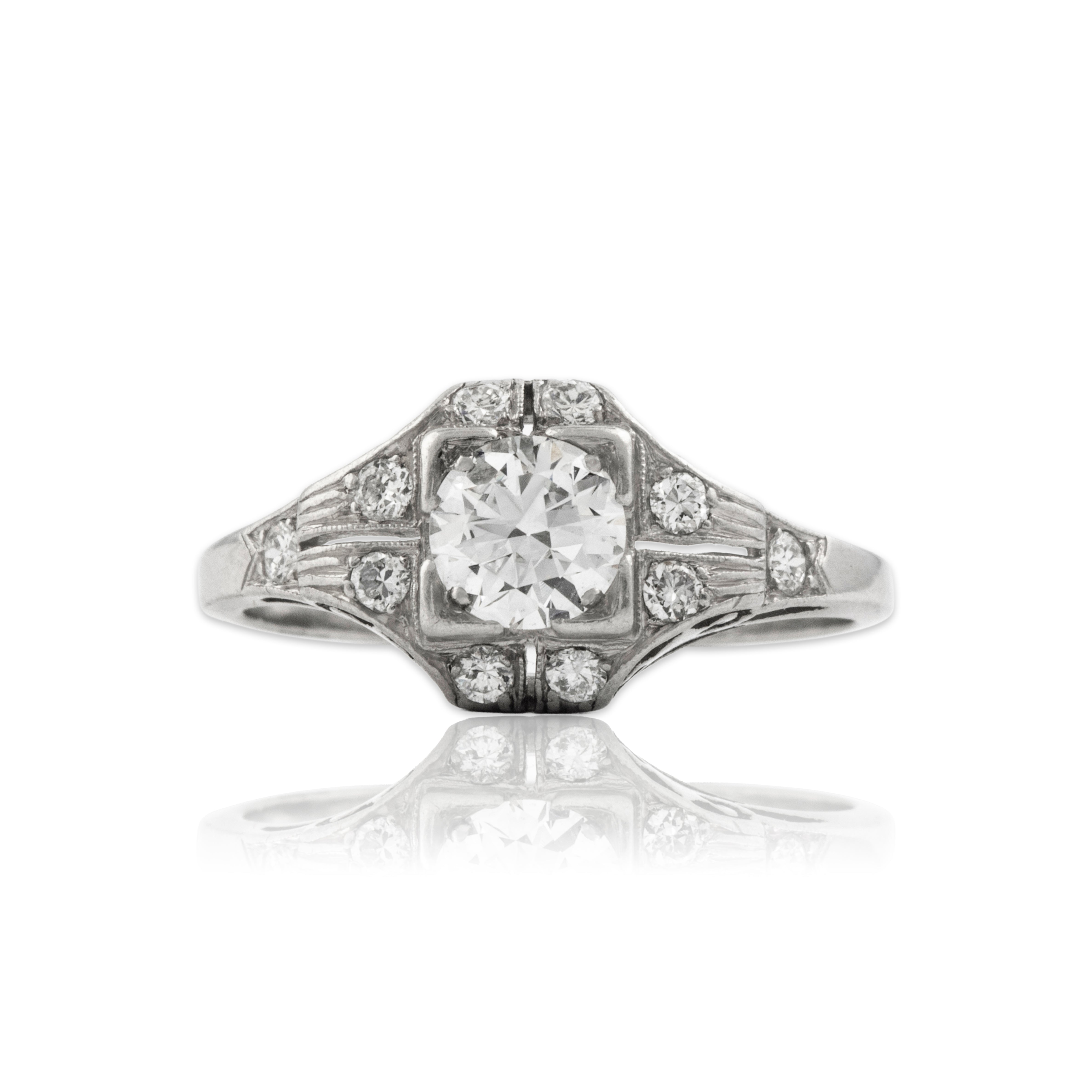 Vintage Platinum .78cttw Old European Diamond Beautiful Geometric Ring - Close-up view