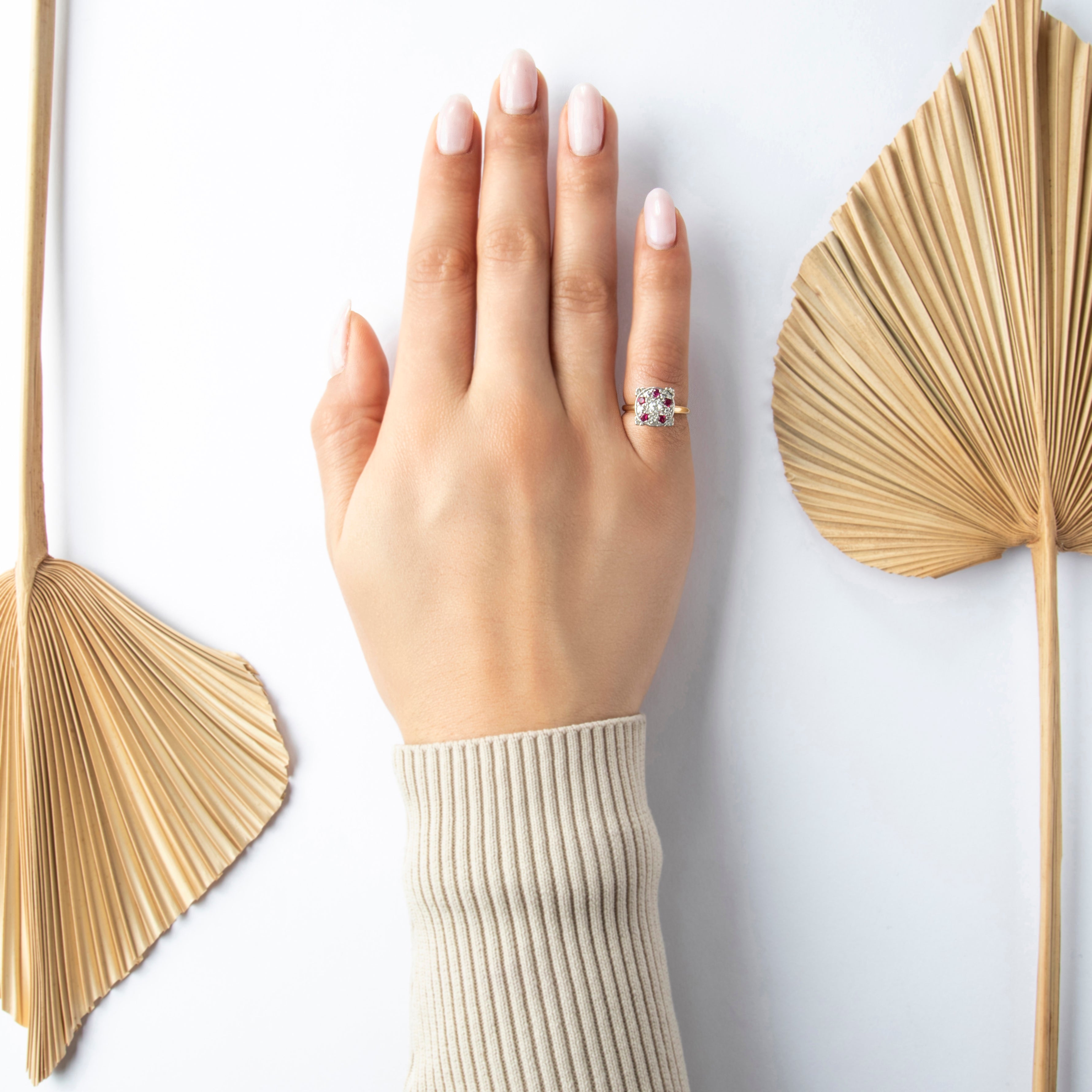 Vintage 14k Yellow & White Gold Natural Old Mine Diamond Synthetic Ruby Square Ring - On model view