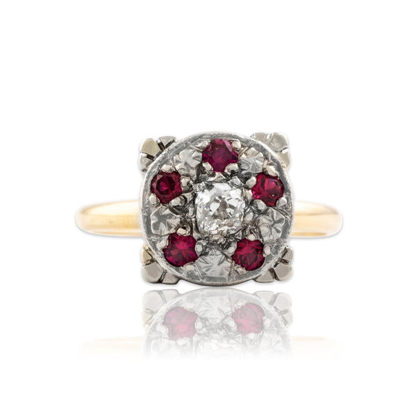 Vintage 14k Yellow & White Gold Natural Old Mine Diamond Synthetic Ruby Square Ring