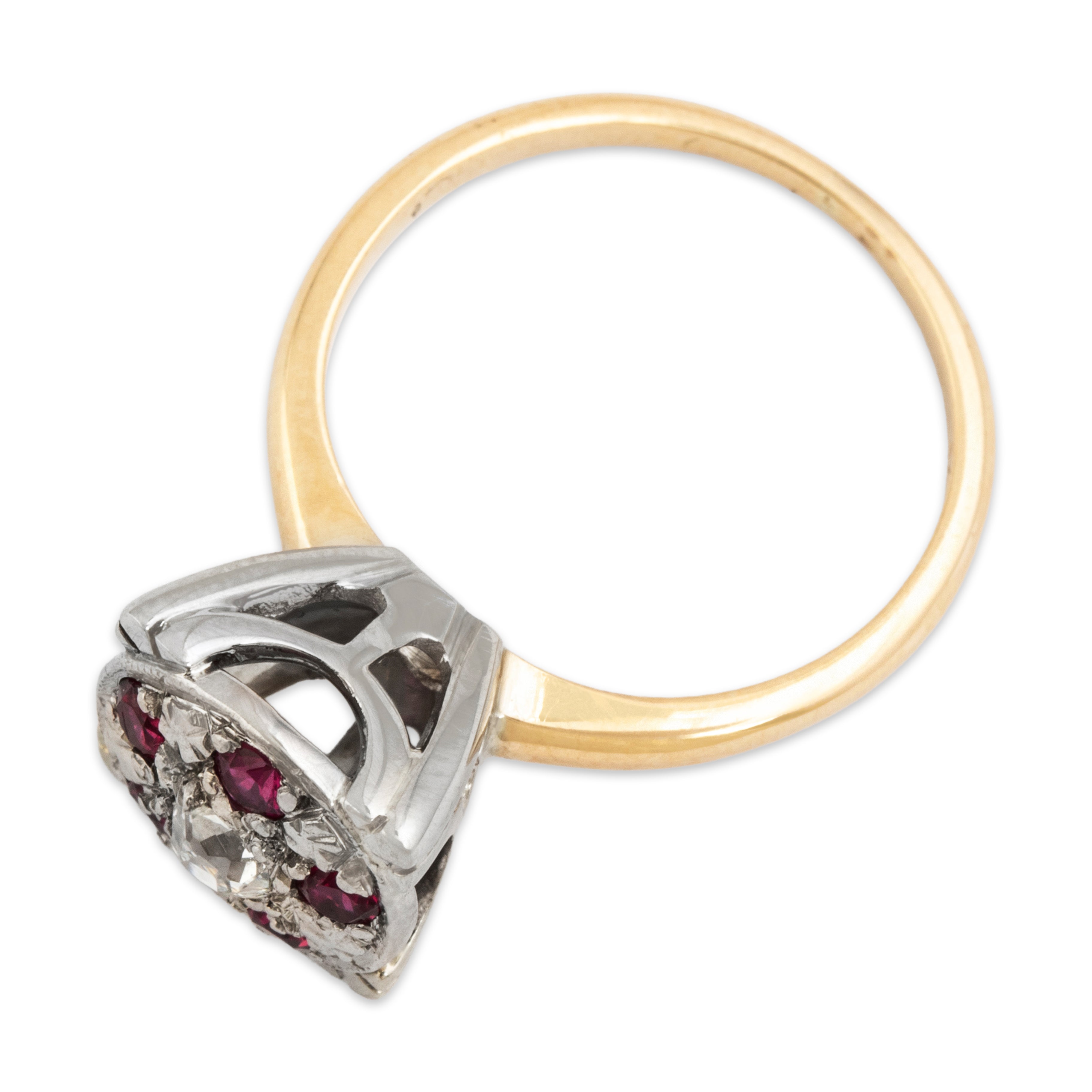Vintage 14k Yellow & White Gold Natural Old Mine Diamond Synthetic Ruby Square Ring - Overall view