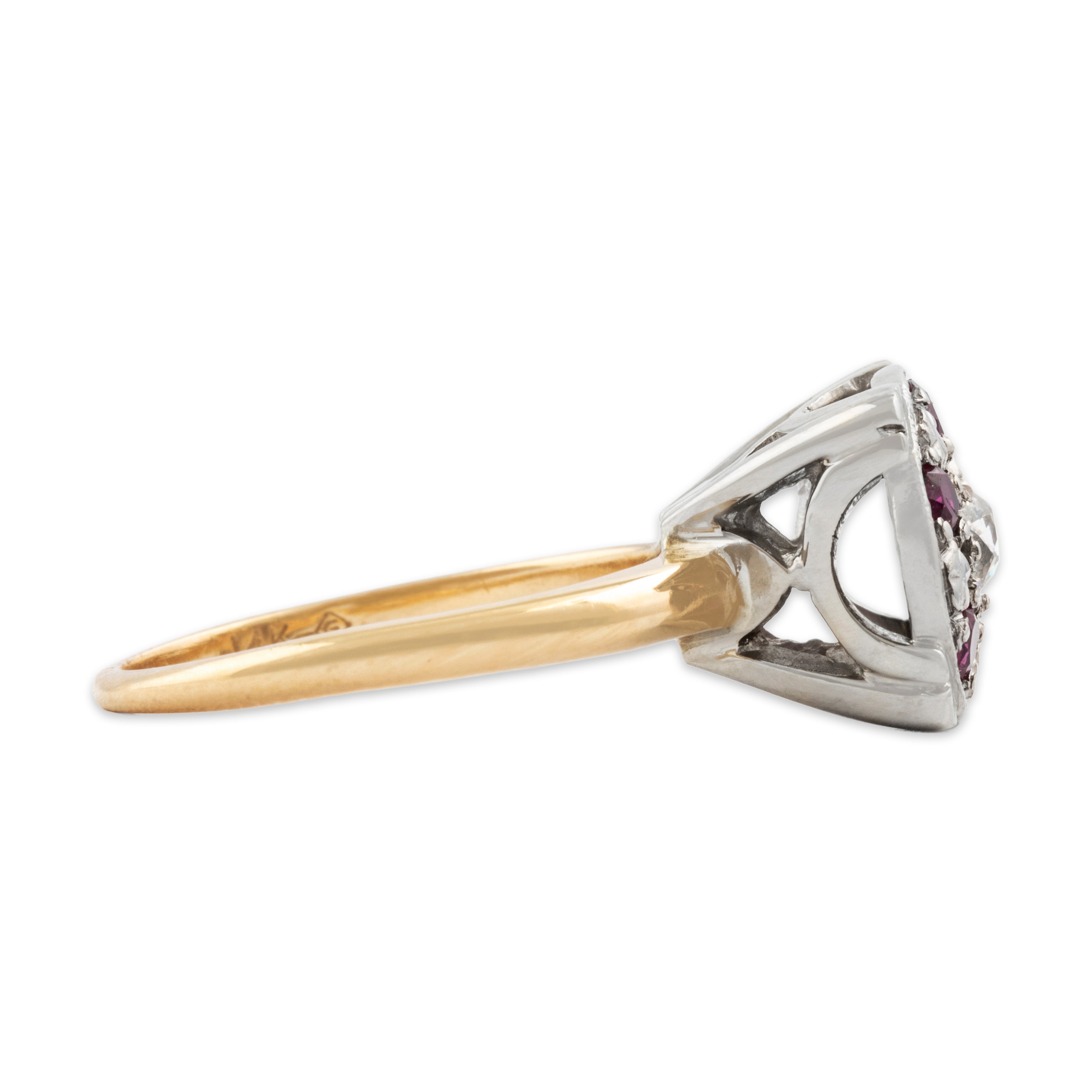 Vintage 14k Yellow & White Gold Natural Old Mine Diamond Synthetic Ruby Square Ring - Side view