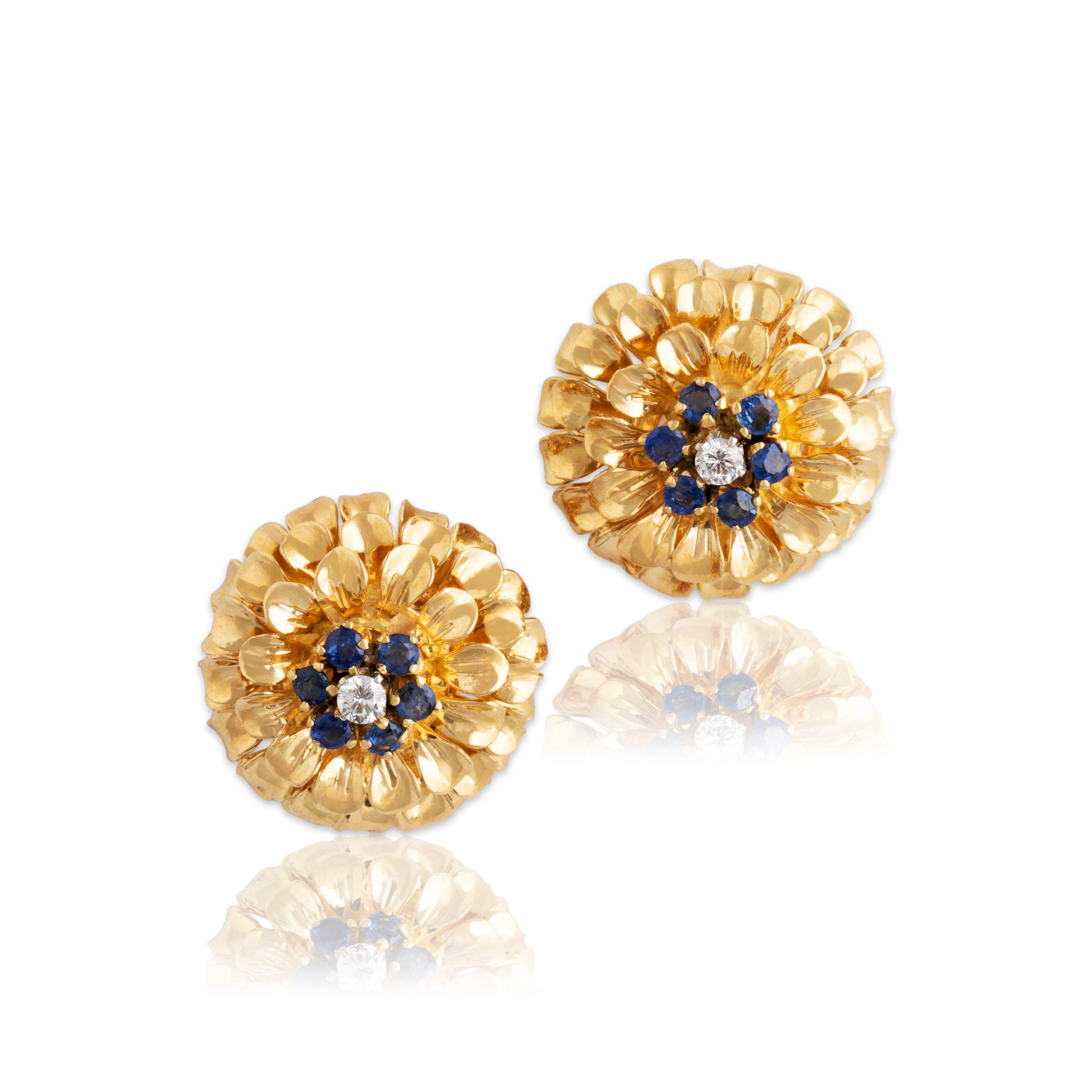 Vintage Tiffany & Co. 18k Yellow Gold Sapphire Diamond Mum Flower Clip Earrings - Close-up view