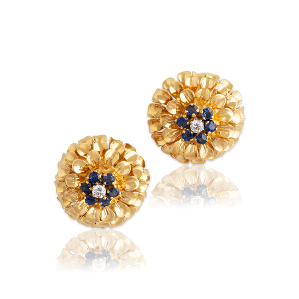 Vintage Large Tiffany & Co. 18k Yellow Gold Sapphire Diamond Flower Clip Earrings