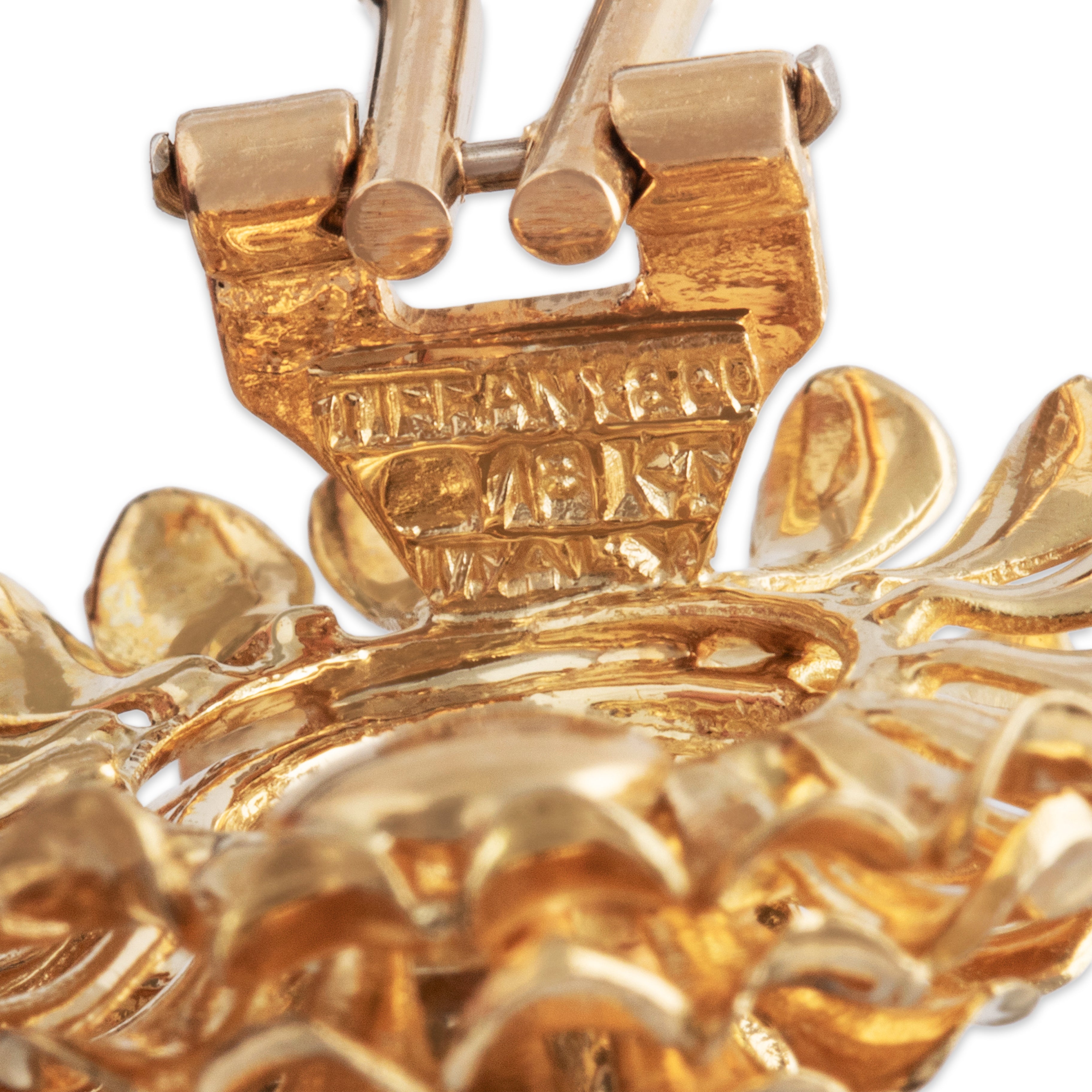 Vintage Tiffany & Co. 18k Yellow Gold Sapphire Diamond Mum Flower Clip Earrings - Hallmark view