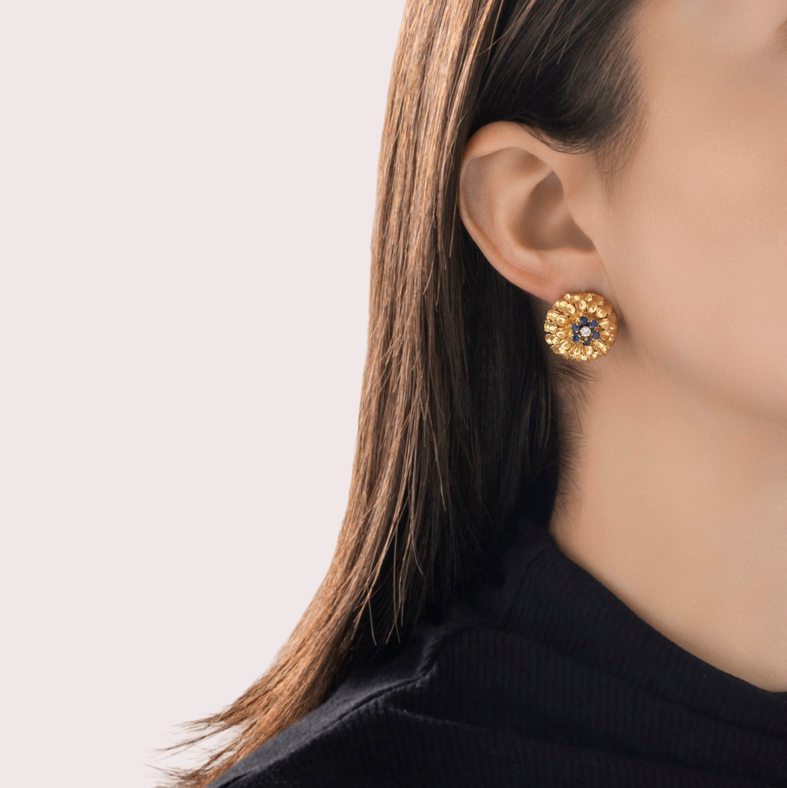 Vintage Tiffany & Co. 18k Yellow Gold Sapphire Diamond Mum Flower Clip Earrings - On model view