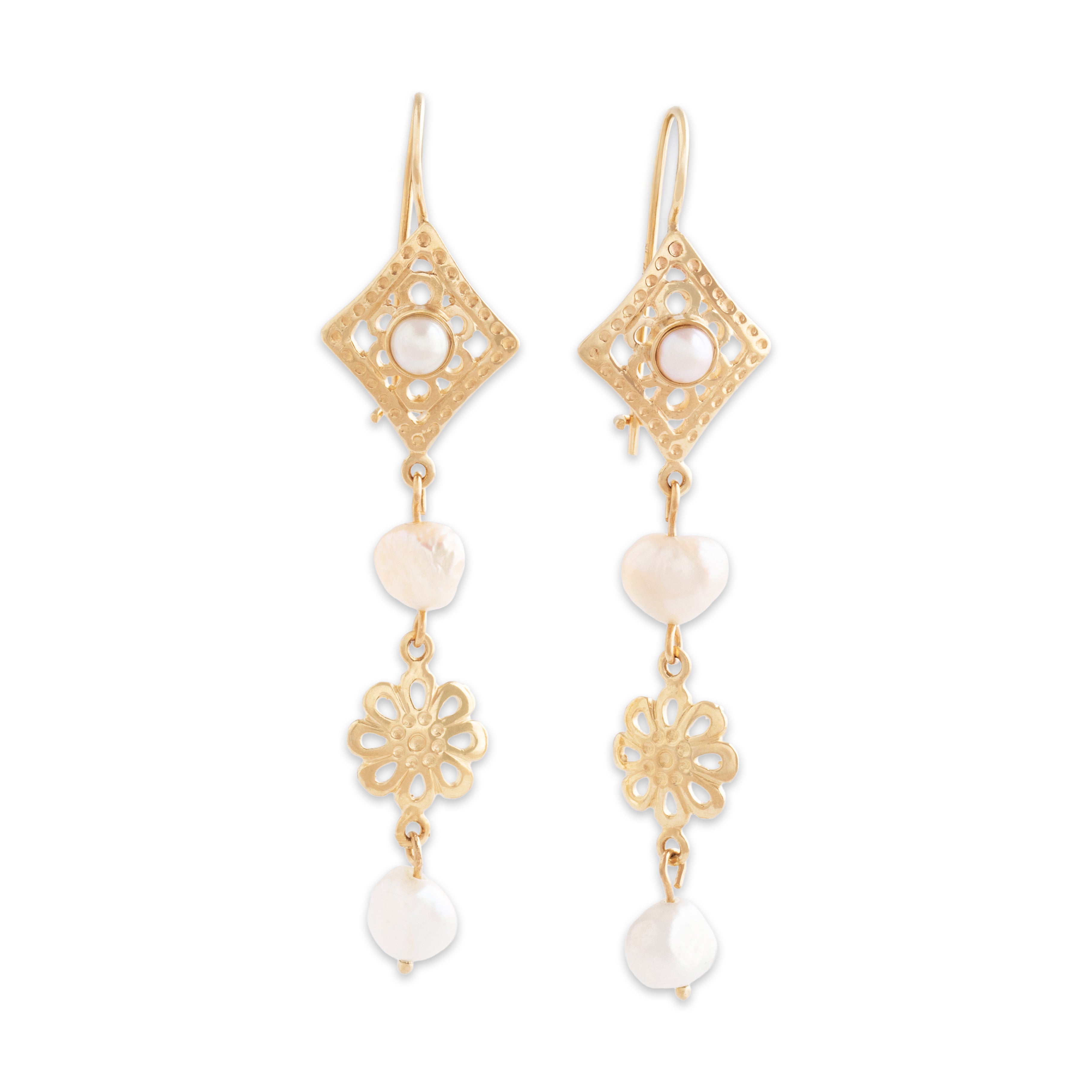 Vintage Long 14k Yellow Gold Baroque Pearl Floral Cutout Dangle Earrings - Close-up view