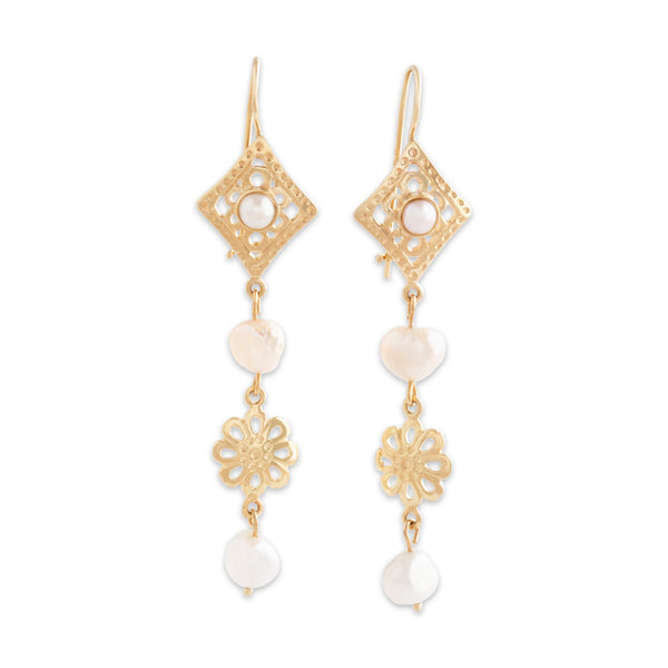 Vintage Long 14k Yellow Gold Baroque Pearl Floral Cutout Dangle Earrings