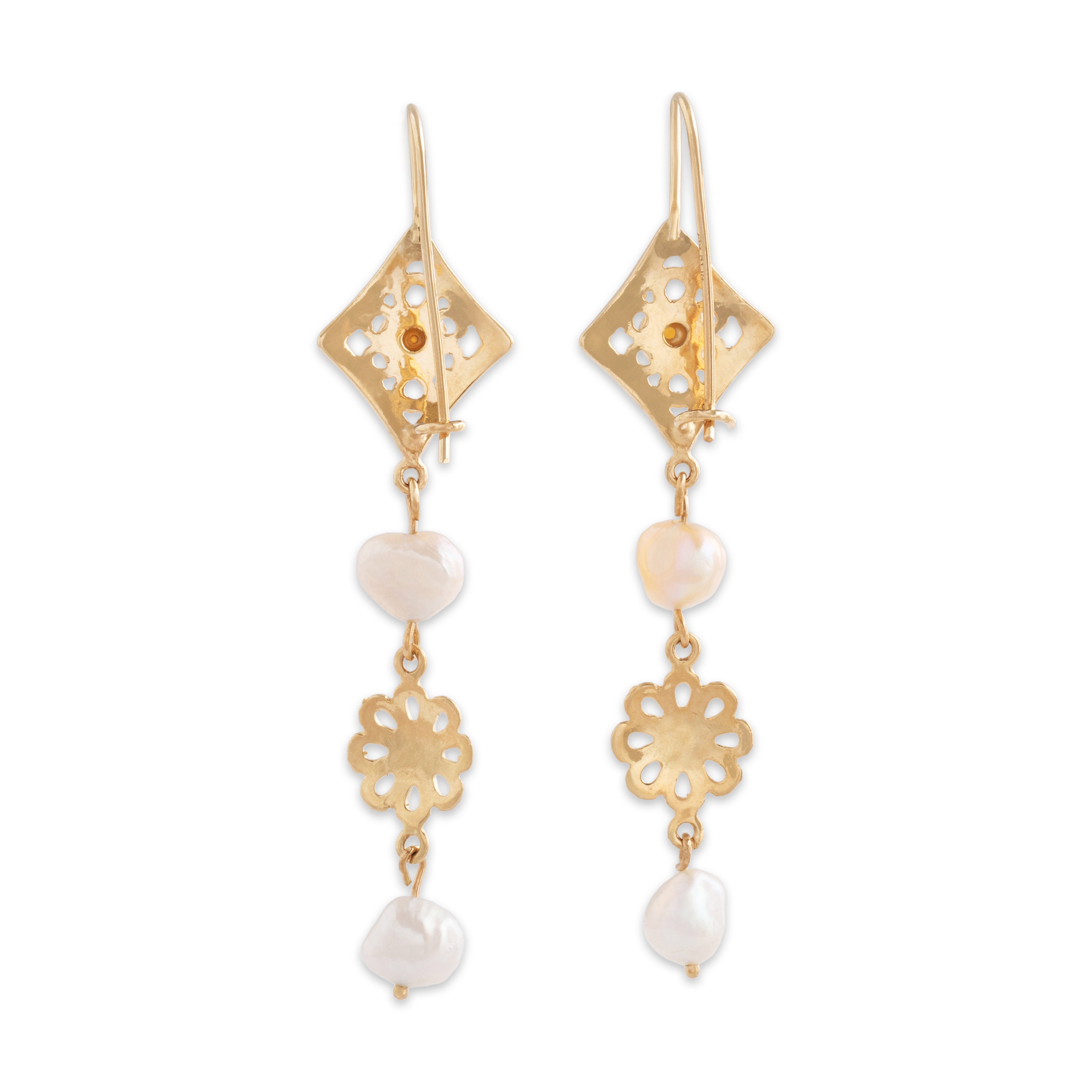 Vintage Long 14k Yellow Gold Baroque Pearl Floral Cutout Dangle Earrings - Back view