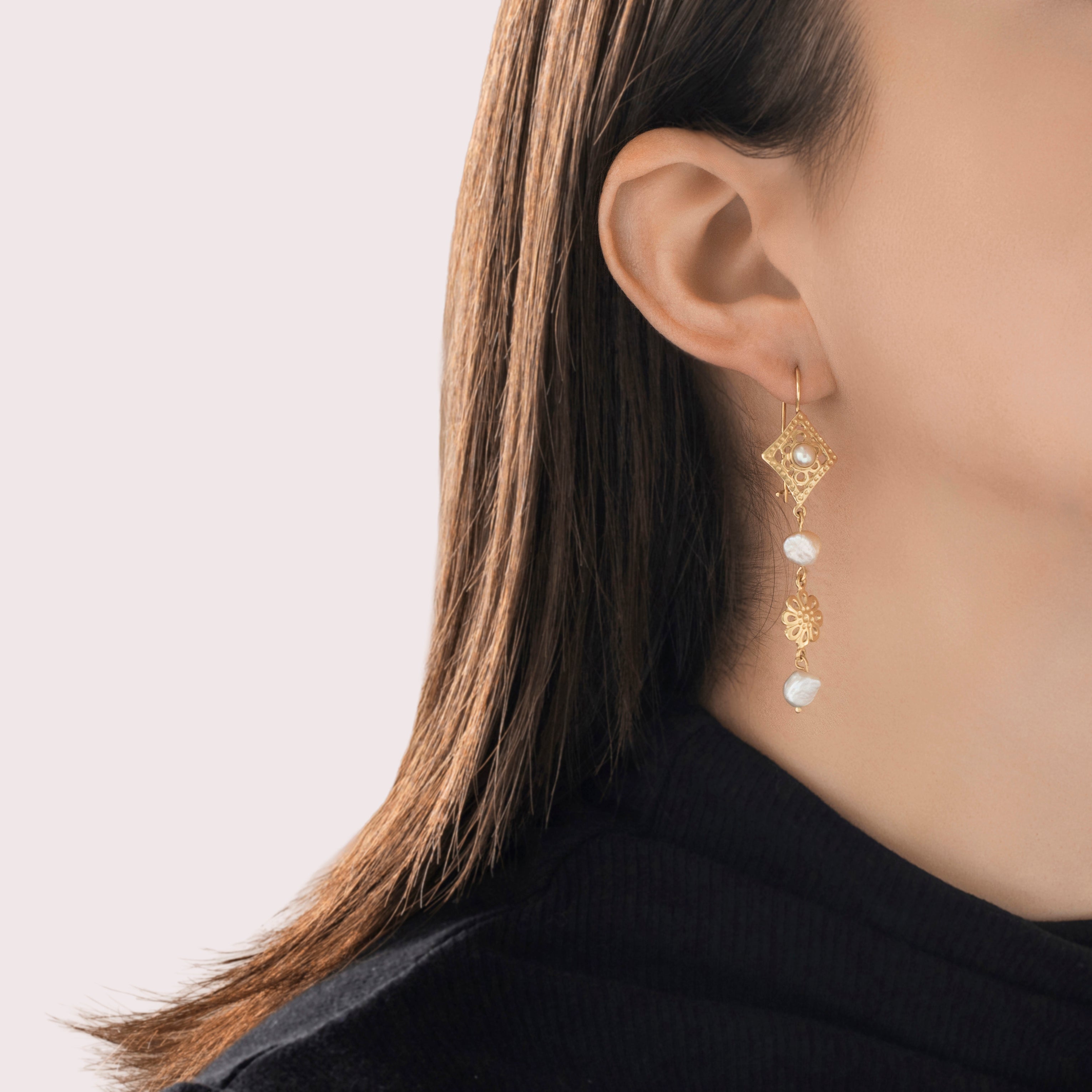 Vintage Long 14k Yellow Gold Baroque Pearl Floral Cutout Dangle Earrings - On model view