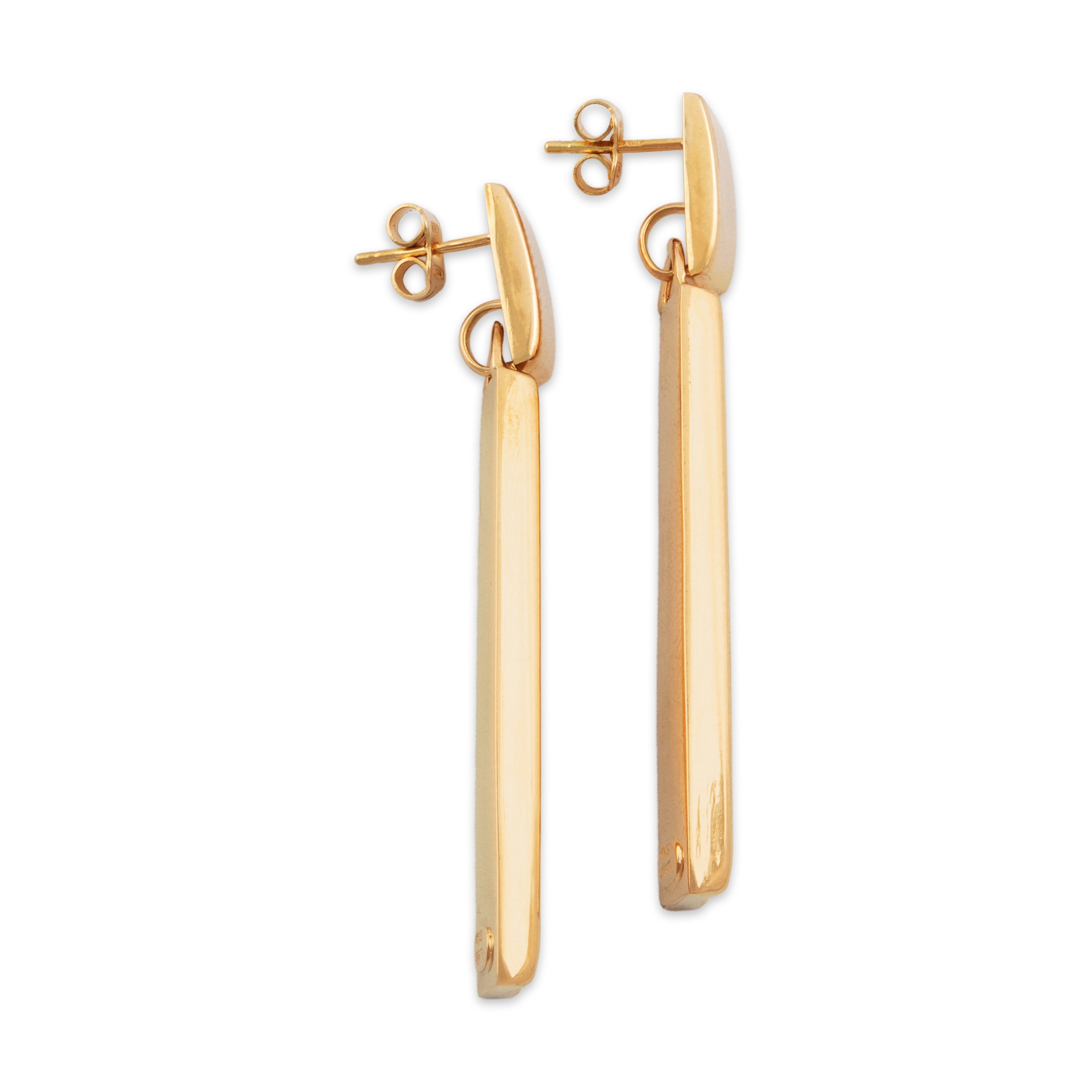 Vintage Italian Long 18k Yellow Gold Chic Rectangular Dangle Earrings - Side view