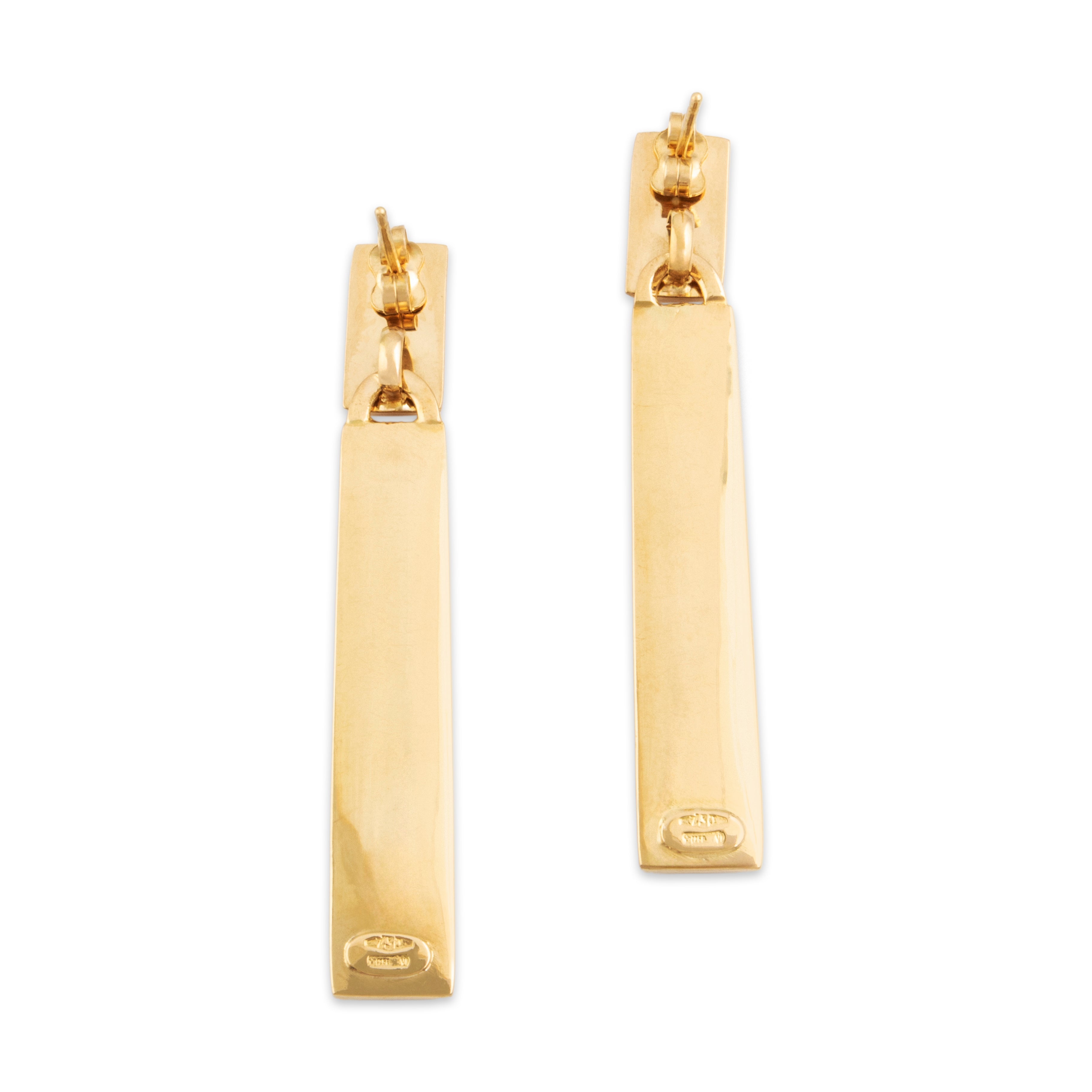 Vintage Italian Long 18k Yellow Gold Chic Rectangular Dangle Earrings - Back view