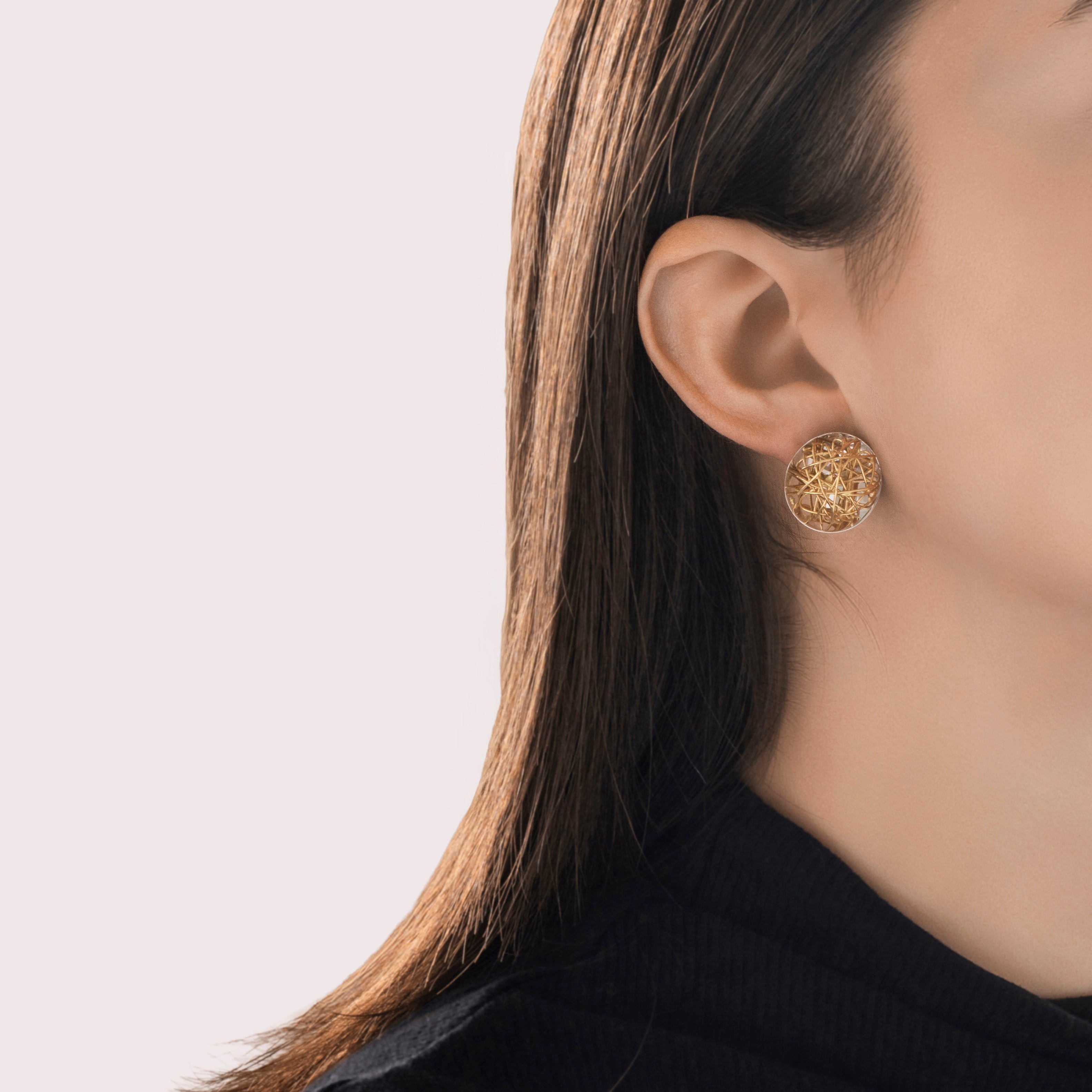 Vintage Italian 18k White & Yellow Gold Funky Wire Nest Omega Back Earrings - On model view