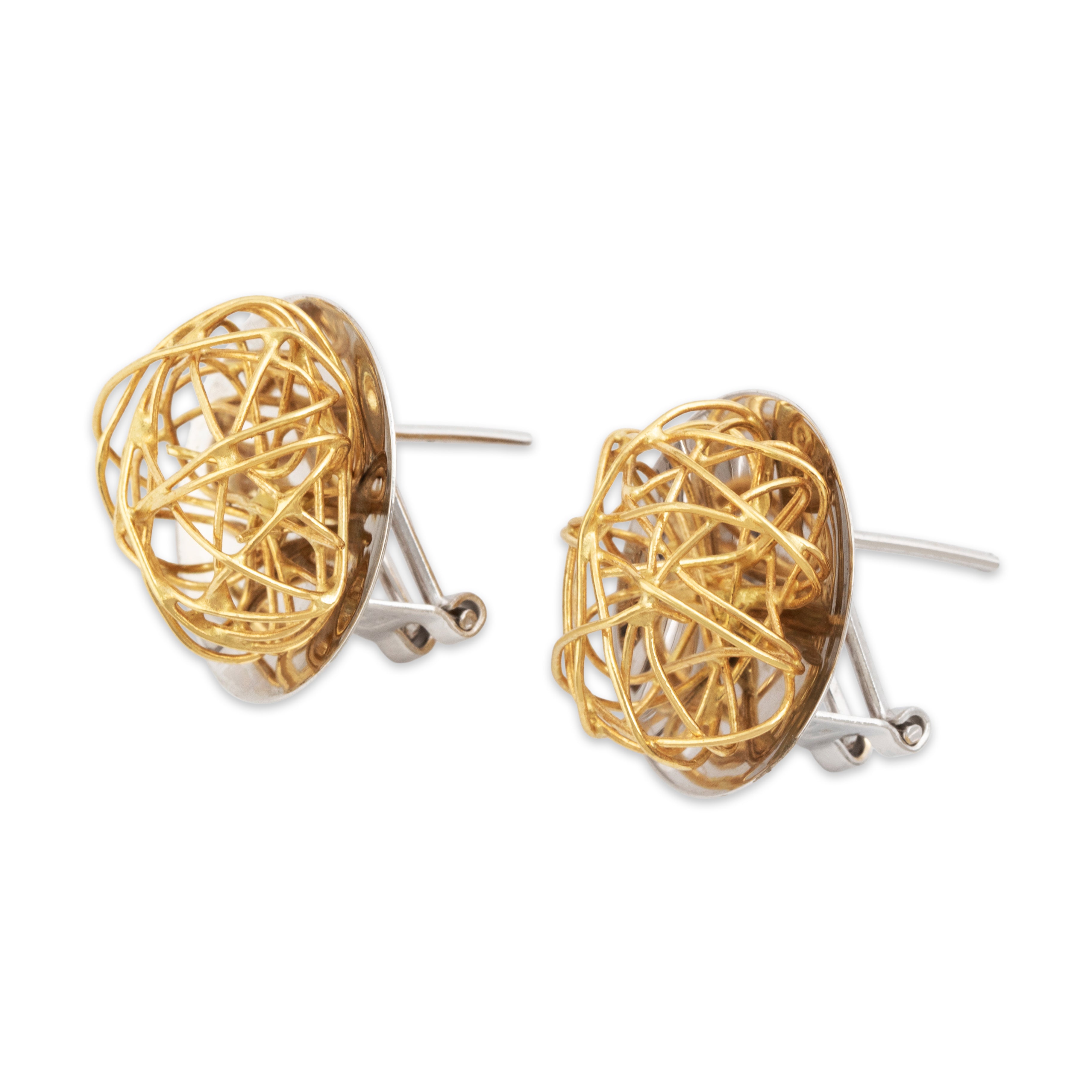 Vintage Italian 18k White & Yellow Gold Funky Wire Nest Omega Back Earrings - Overall view