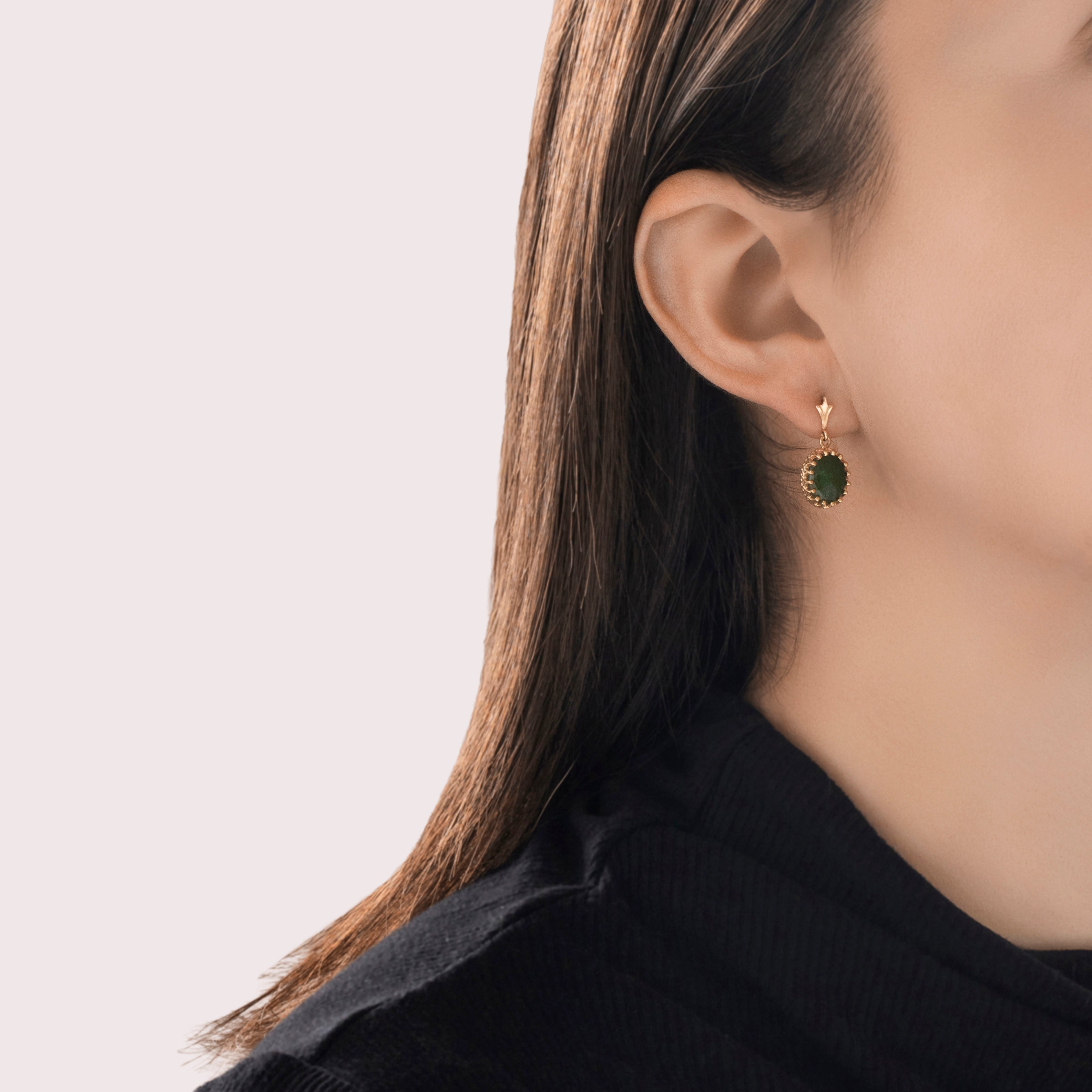 Vintage 14k Yellow Gold 3cttw Jade Pretty Speckled Cabochon Dangle Earrings - On model view