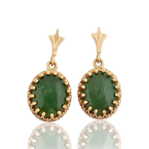Vintage 14k Yellow Gold 3cttw Jade Pretty Speckled Cabochon Dangle Earrings