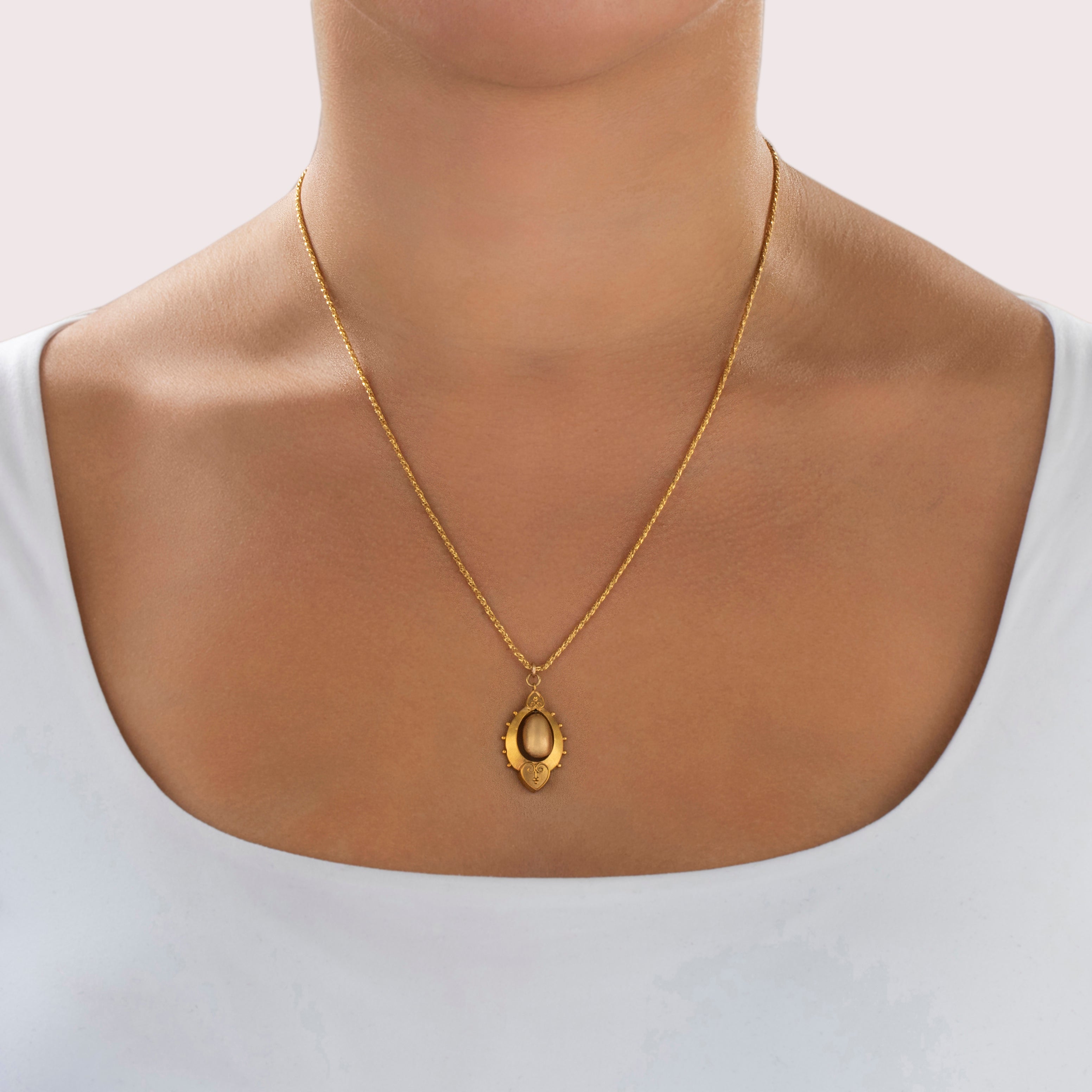 Antique 15k & 14k Yellow Gold Wonderful Satin Dangle Necklace - On model view