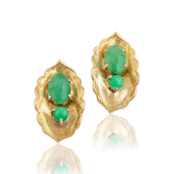 Vintage 14k Yellow Gold 4cttw Jade Textured Naturalistic Leaf Statement Earrings