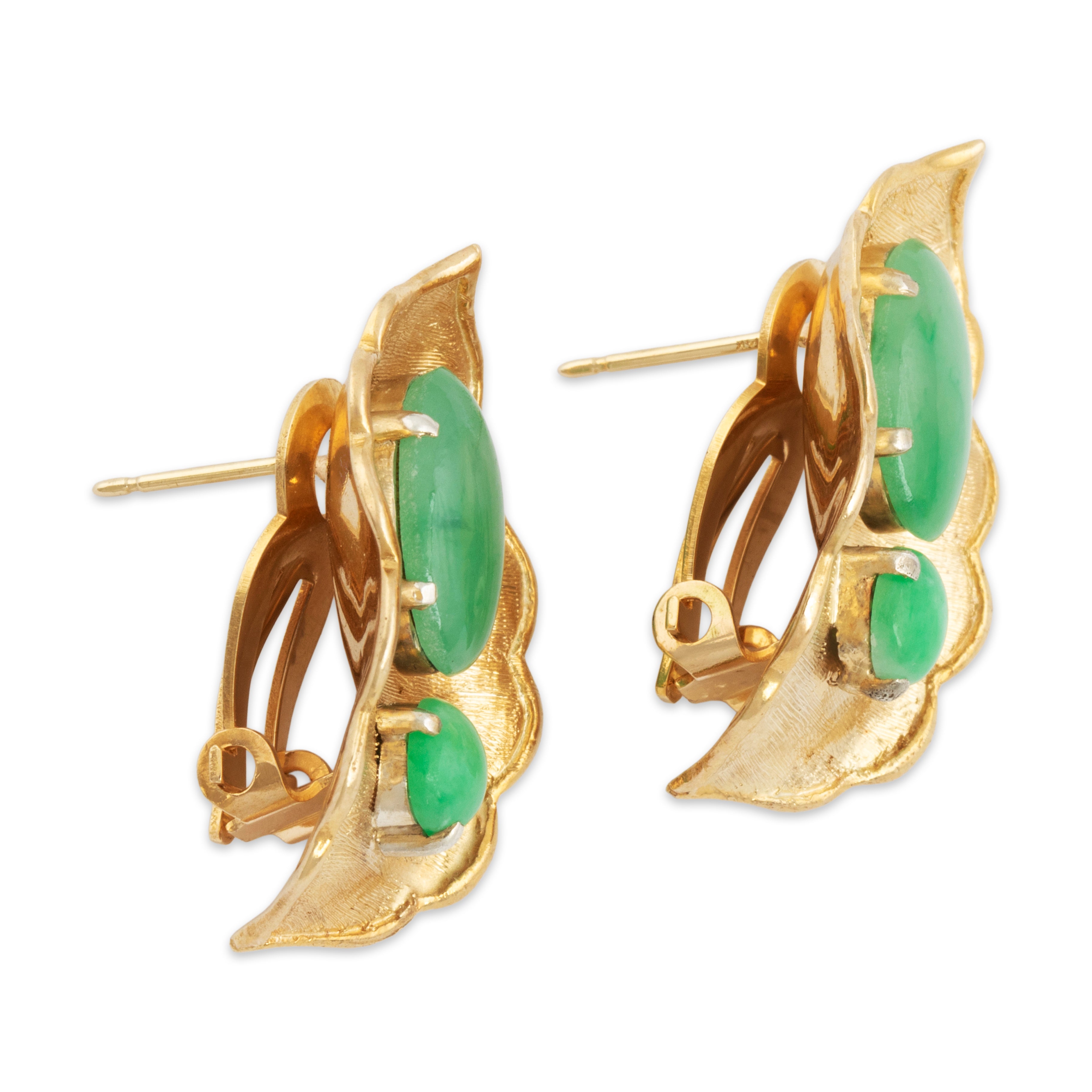 Vintage 14k Yellow Gold 4cttw Jade Textured Naturalistic Leaf Statement Earrings - Side view