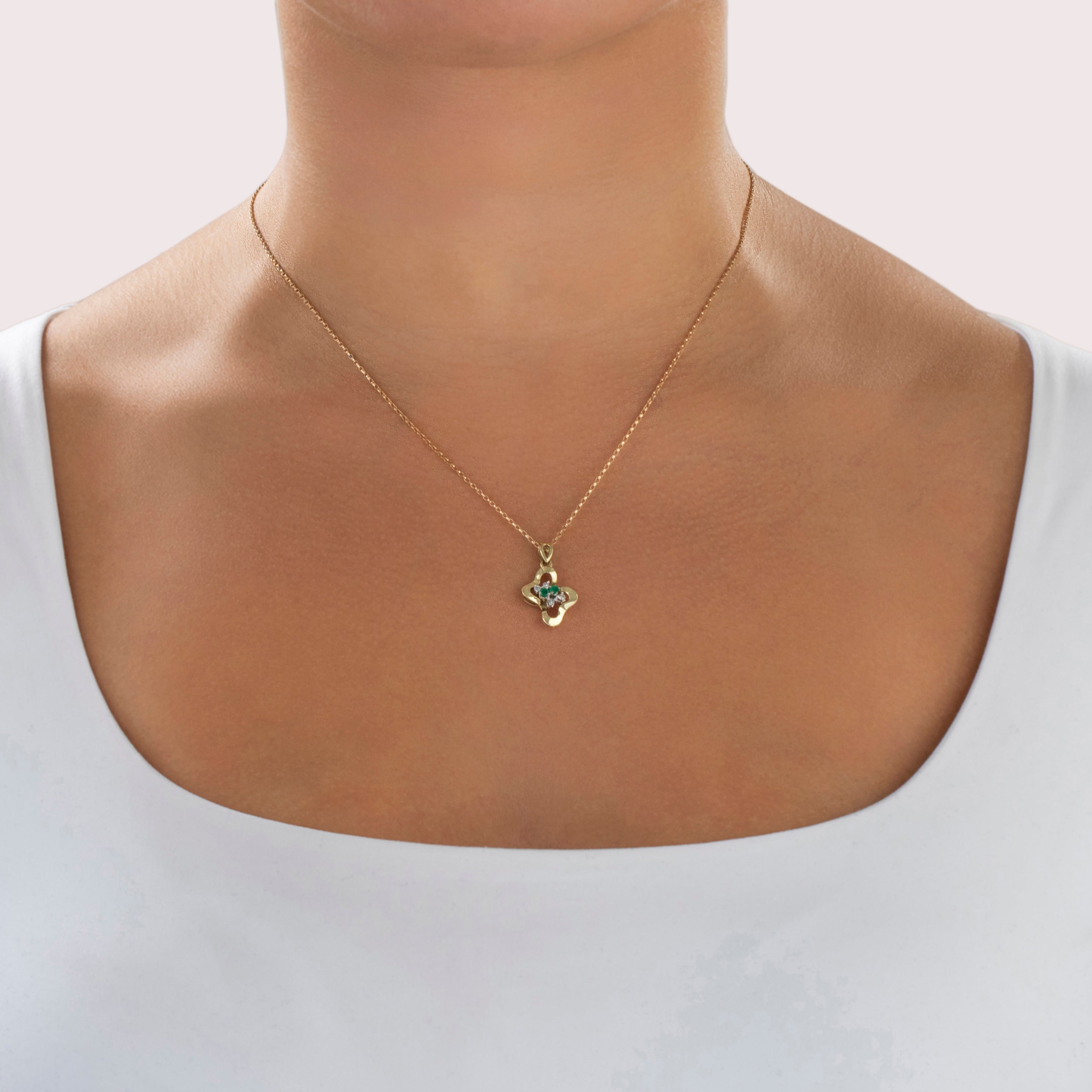 Vintage 14k Yellow Gold Emerald Diamond Groovy Abstract Pendant - On model view