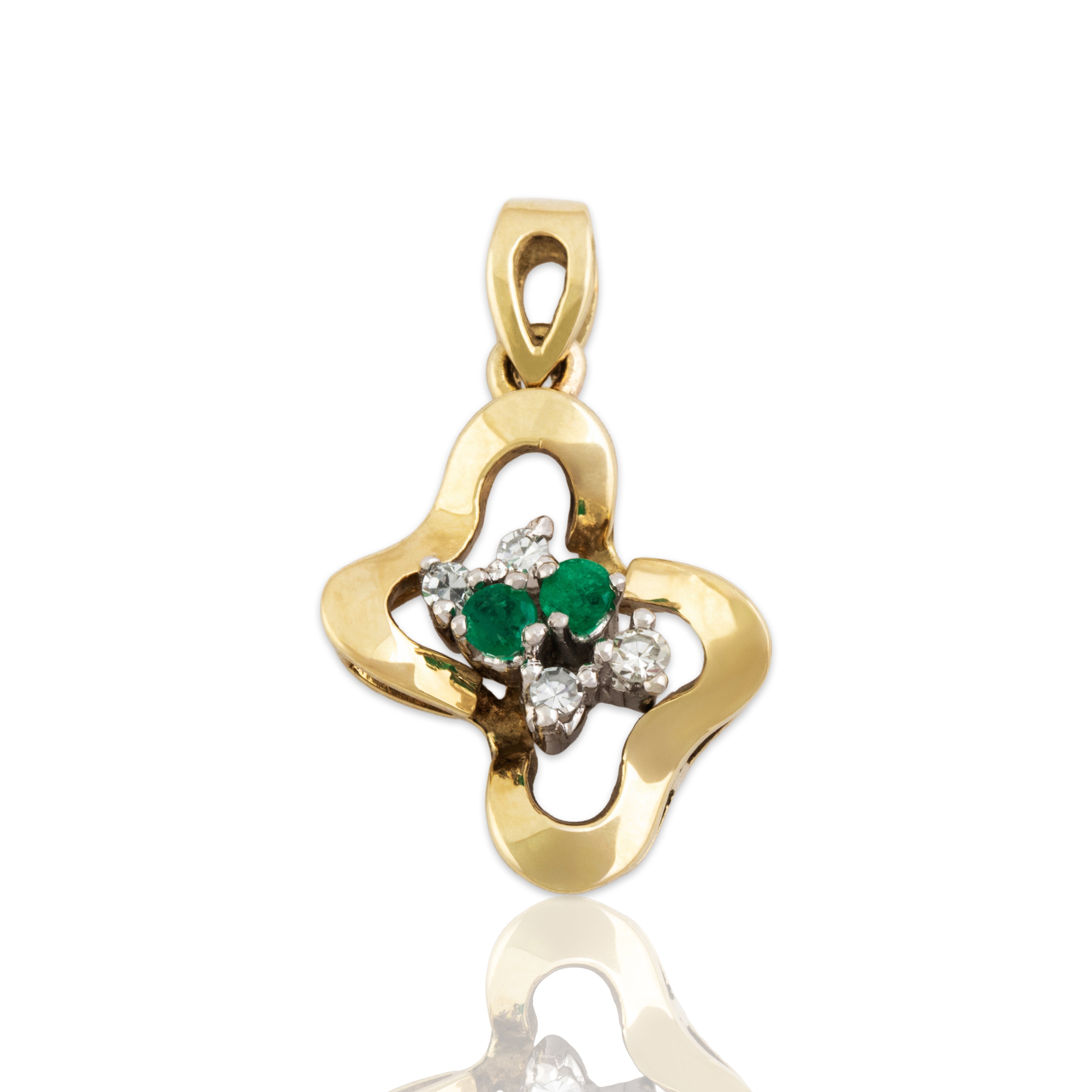 Vintage 14k Yellow Gold Emerald Diamond Groovy Abstract Pendant - Close-up view