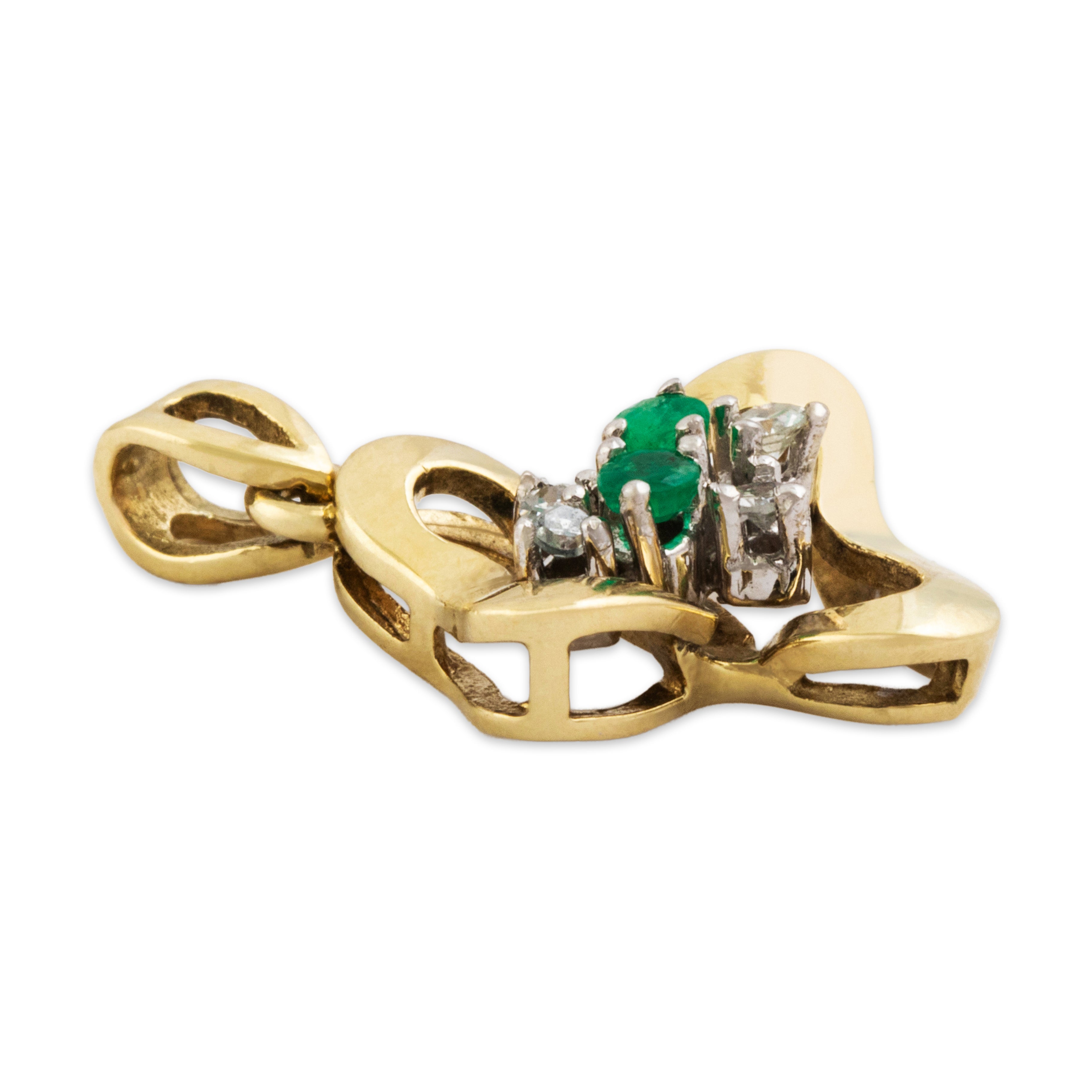 Vintage 14k Yellow Gold Emerald Diamond Groovy Abstract Pendant - Side view
