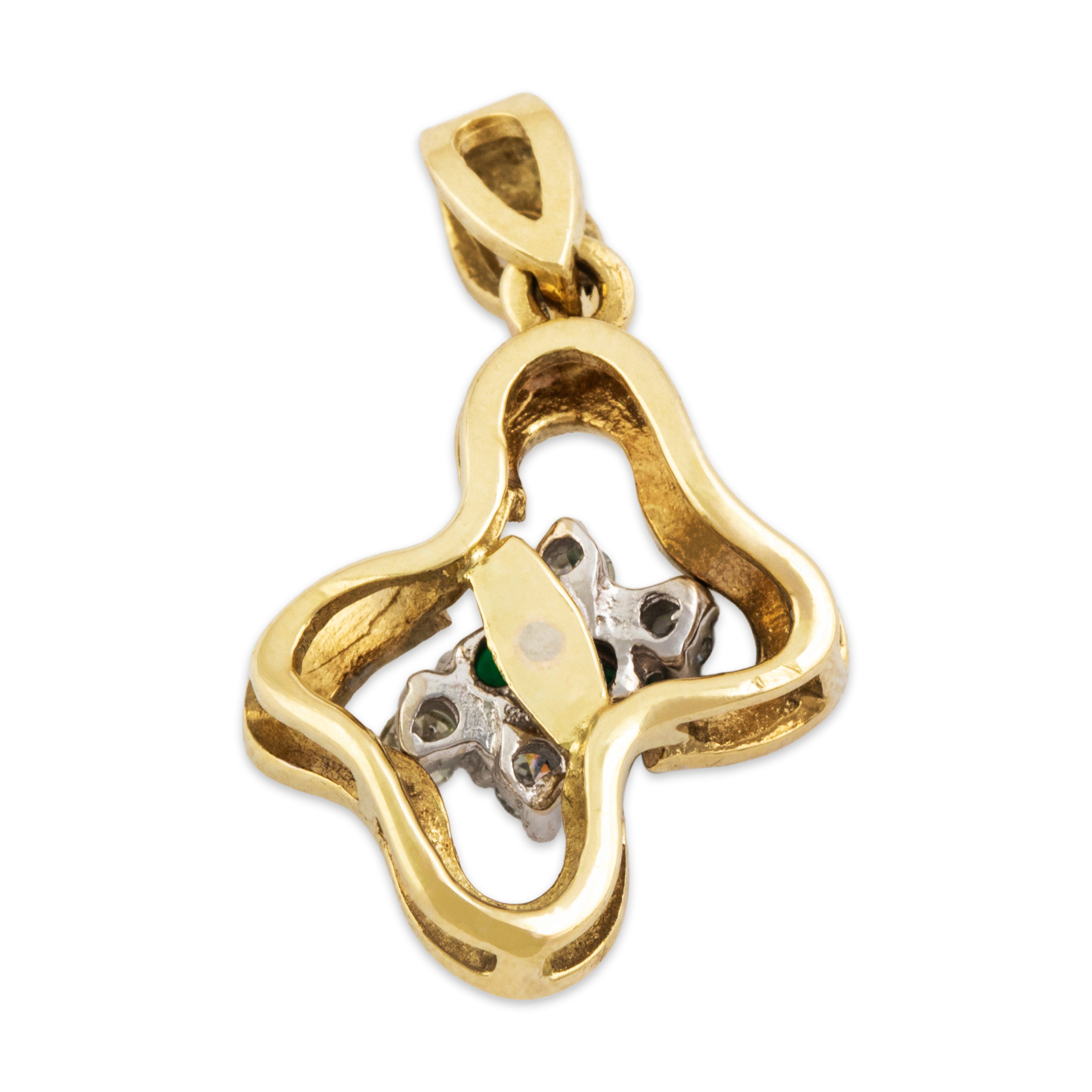 Vintage 14k Yellow Gold Emerald Diamond Groovy Abstract Pendant - Back view