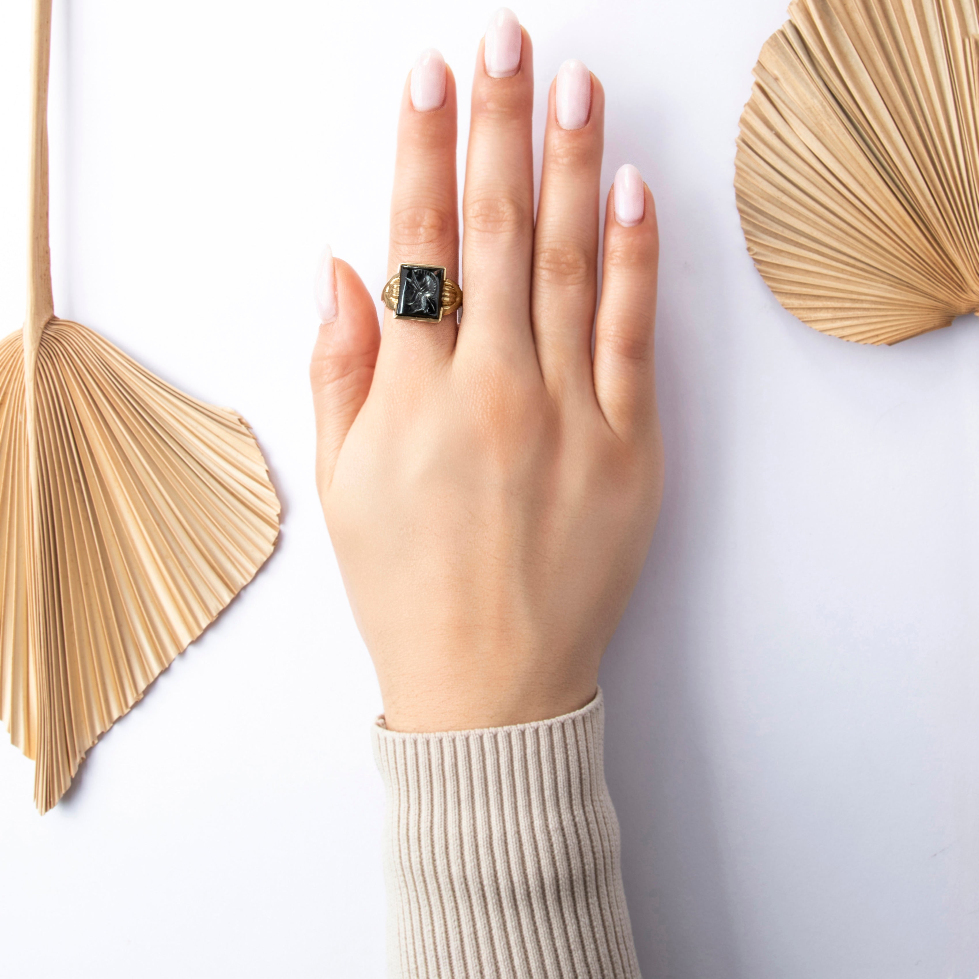 Vintage 10k Yellow Gold Hematite Bold Soldier Signet Ring - On model view