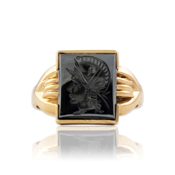Vintage 10k Yellow Gold Hematite Bold Intaglio Soldier Signet Ring 11.25