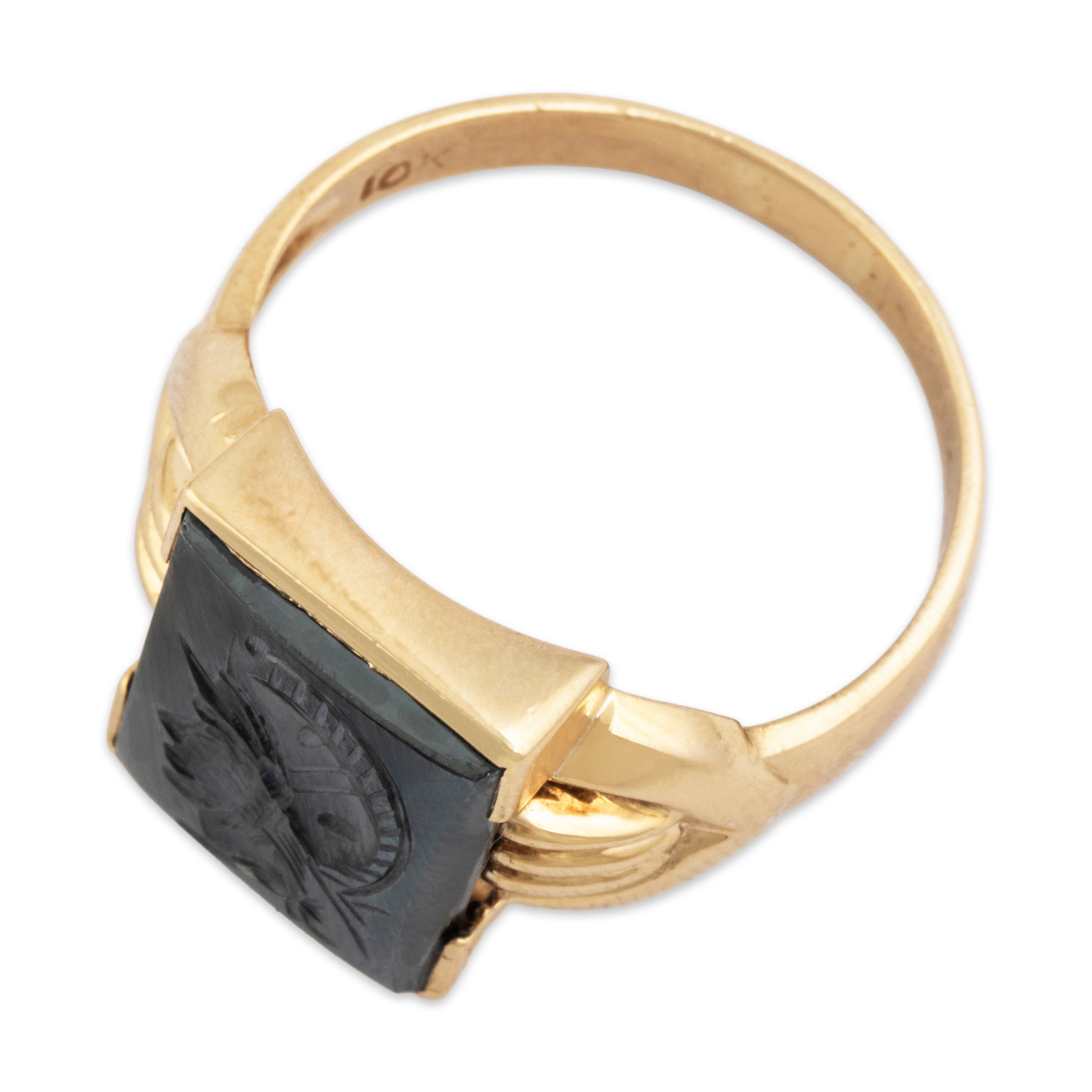 Vintage 10k Yellow Gold Hematite Bold Intaglio Soldier Signet Ring 11.25