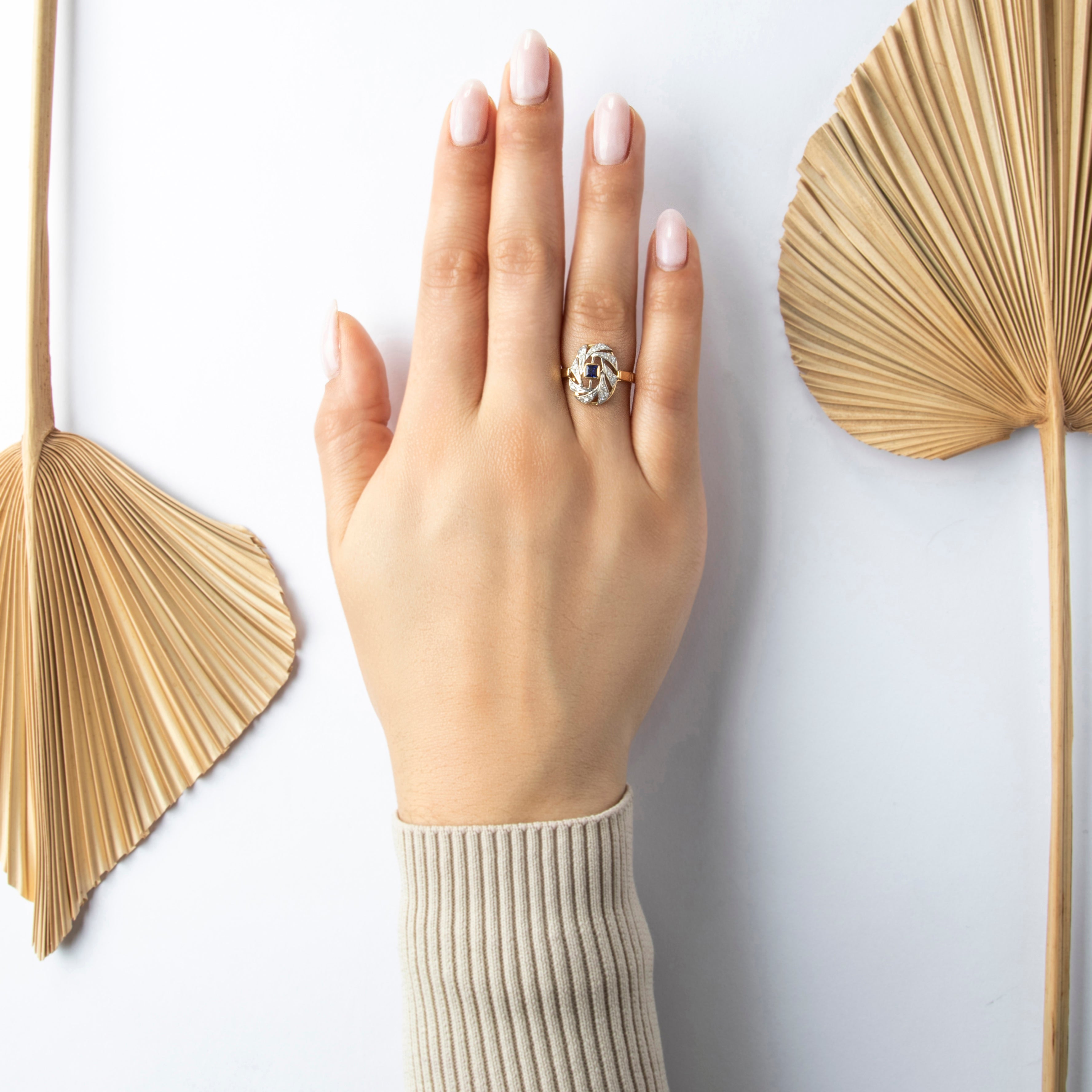 Vintage 18k Yellow & White Gold Sapphire Diamond Swishing Oval Wreath Ring - On model view